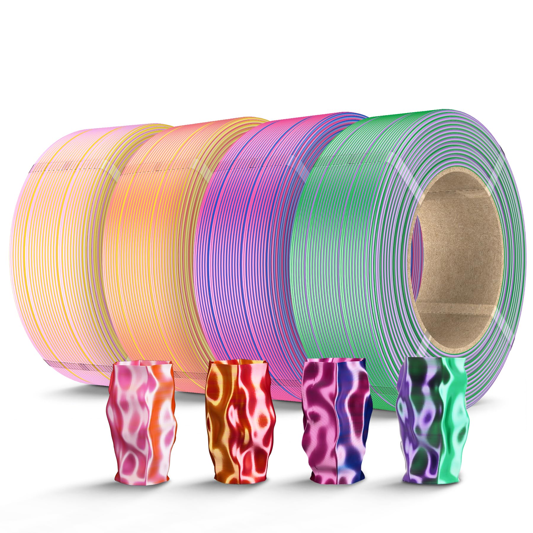 SUNLU 500g Silk Dual Color PLA Filament Refill Bundle, No-Spool Silk PLA Plus 3D Printer Filament 4 Packs, Compatible with Bambu