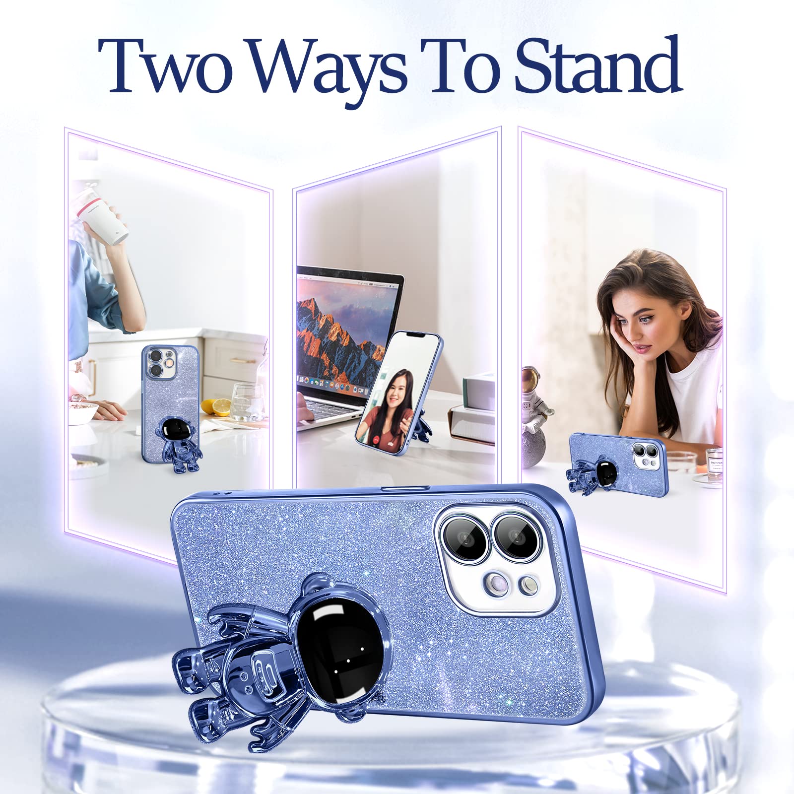 Buleens iPhone 11 Astronaut Phone Case with Spaceman Stand & Glitter Paper, Electroplated Plastic Sierra Blue