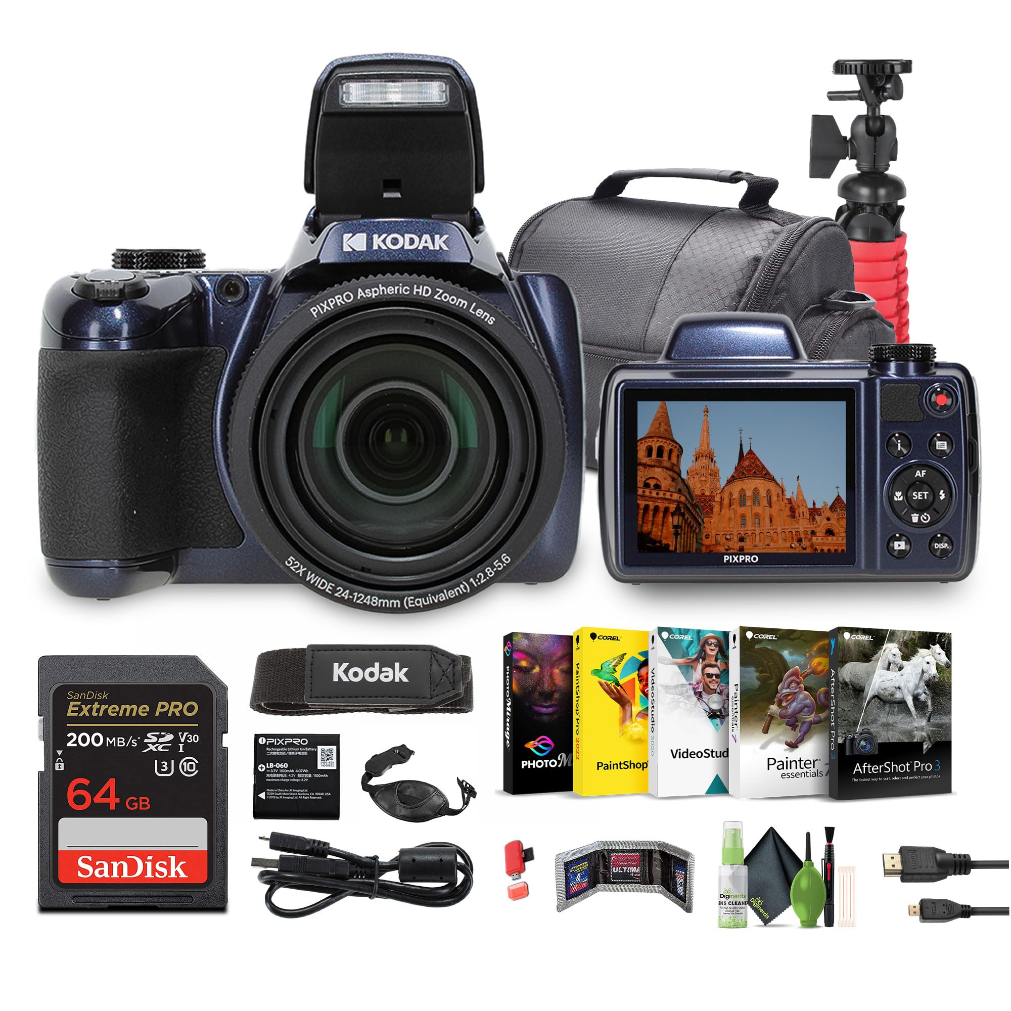 KODAK PIXPRO AZ528 Astro Zoom BSI-CMOS Bridge Vlogging Digital Camera 16MP 52X 1080p Wi-Fi (Midnight Blue) Bundle with 64GB Memo