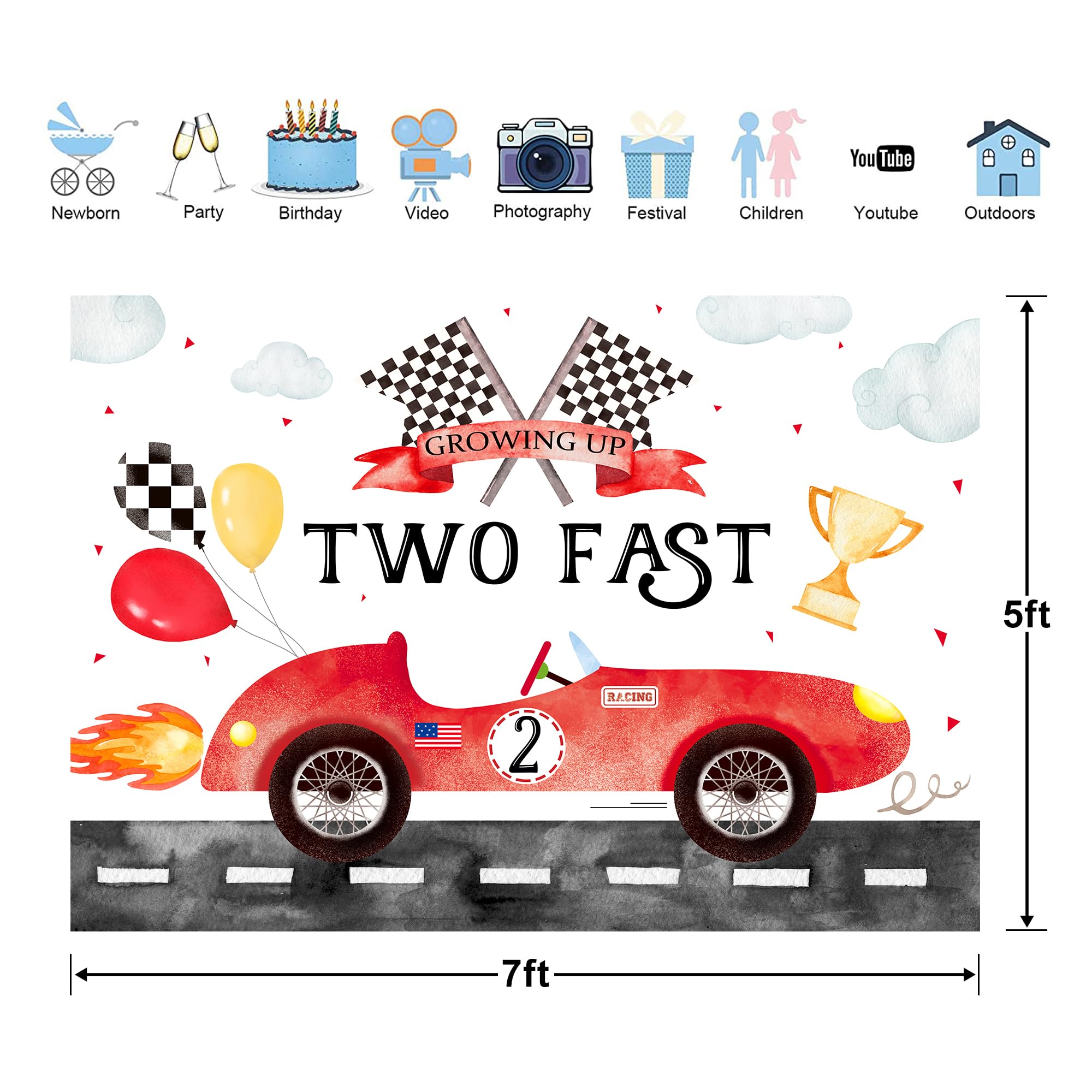 Glawry Two Fast 2Nd Birthday Backdrop For Photography 7Wx5H Feet Boho Watercolor Red Race Car Balloons Cup Cool Cartoon Clouds F