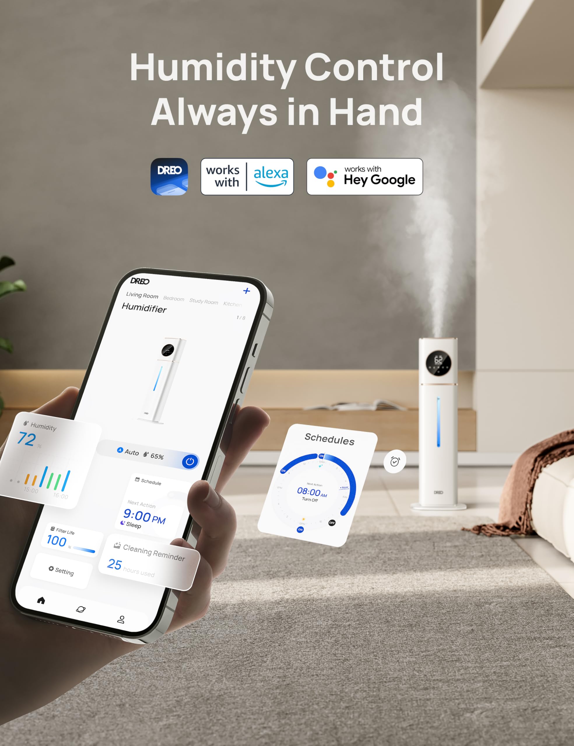 Dreo 11L Smart Humidifier Large Room 700 Ft, 100H Cool Mist Air Humidifiers For Bedroom, Top-Fill Self-Cleaning Tank, 26Db, Auto