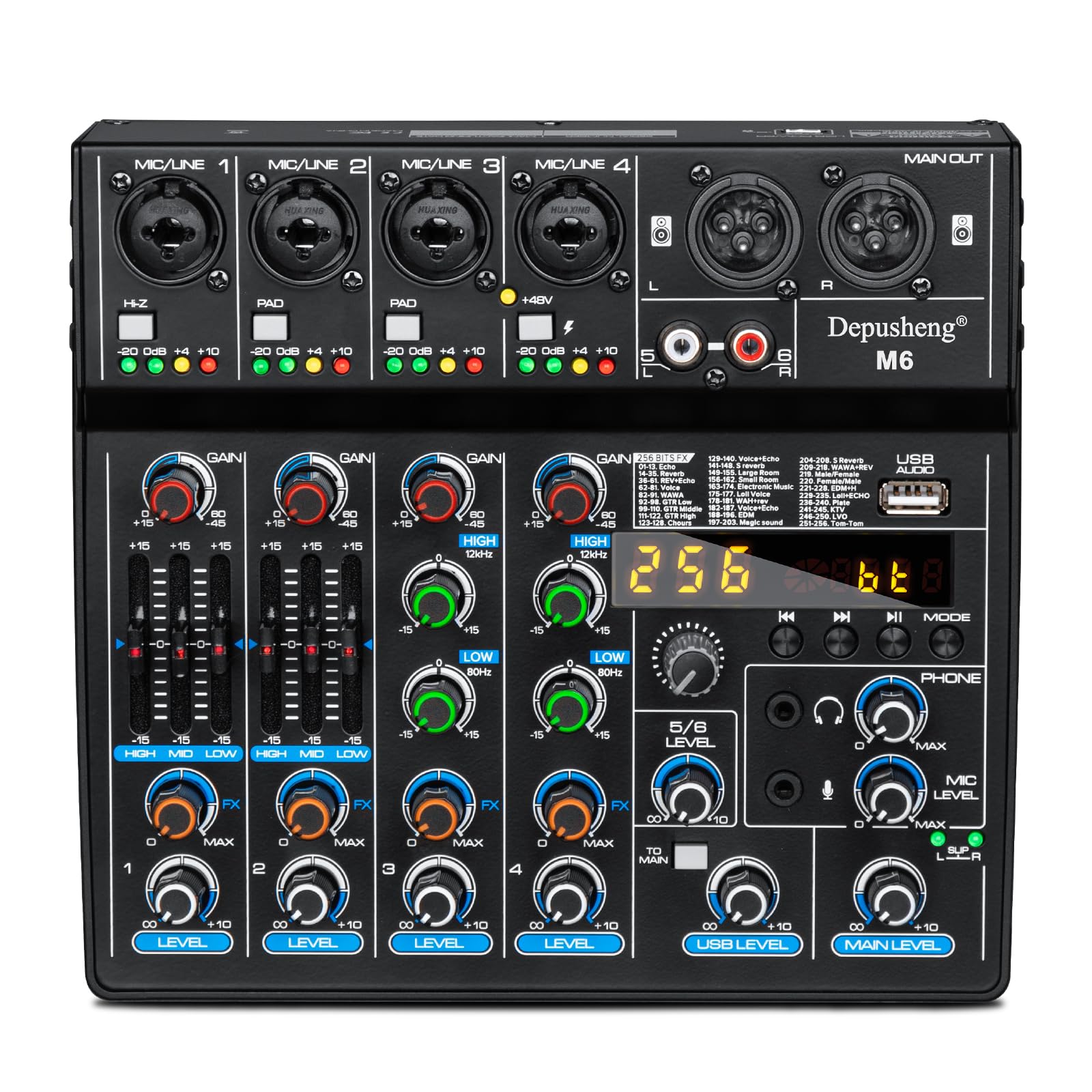 Depusheng M6 6 channel DJ mixer Portable Bluetooth MP3 Sound Mixing Console Built-in 256 digital effects with 48V Phantom Power,