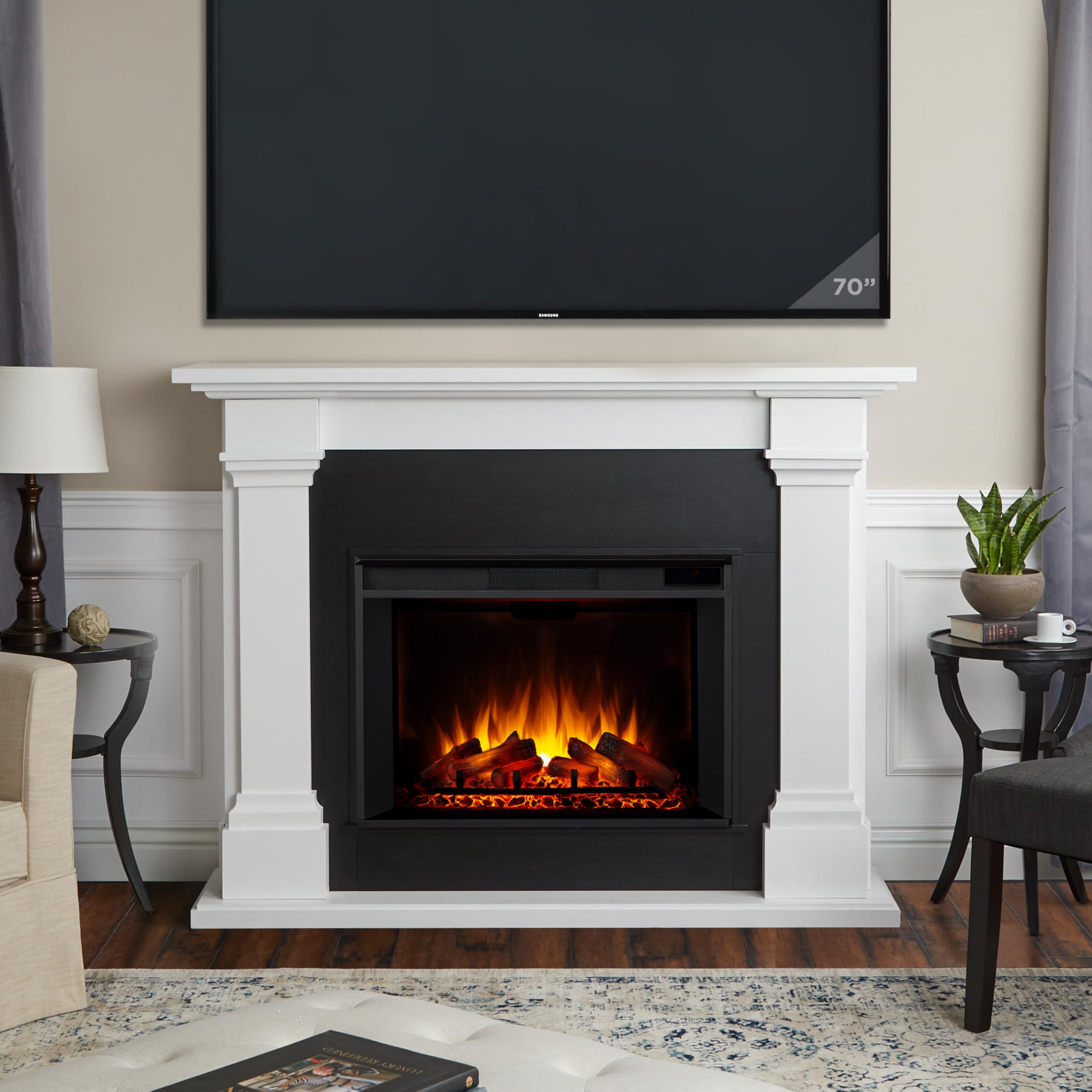 Real Flame Callaway 63'' Grand Electric Fireplace In White, Free Standing Oversized Indoor Electric Fireplace With Mantel, Adjus