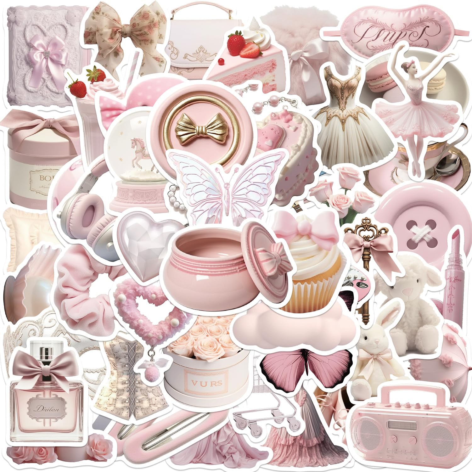 Coquette Aesthetic Stickers For Girls, 50Pcs Cute Pink Preppy Waterproof Vinyl Jaurney Stickers For Water Bottle,Scrapbook,Lapto