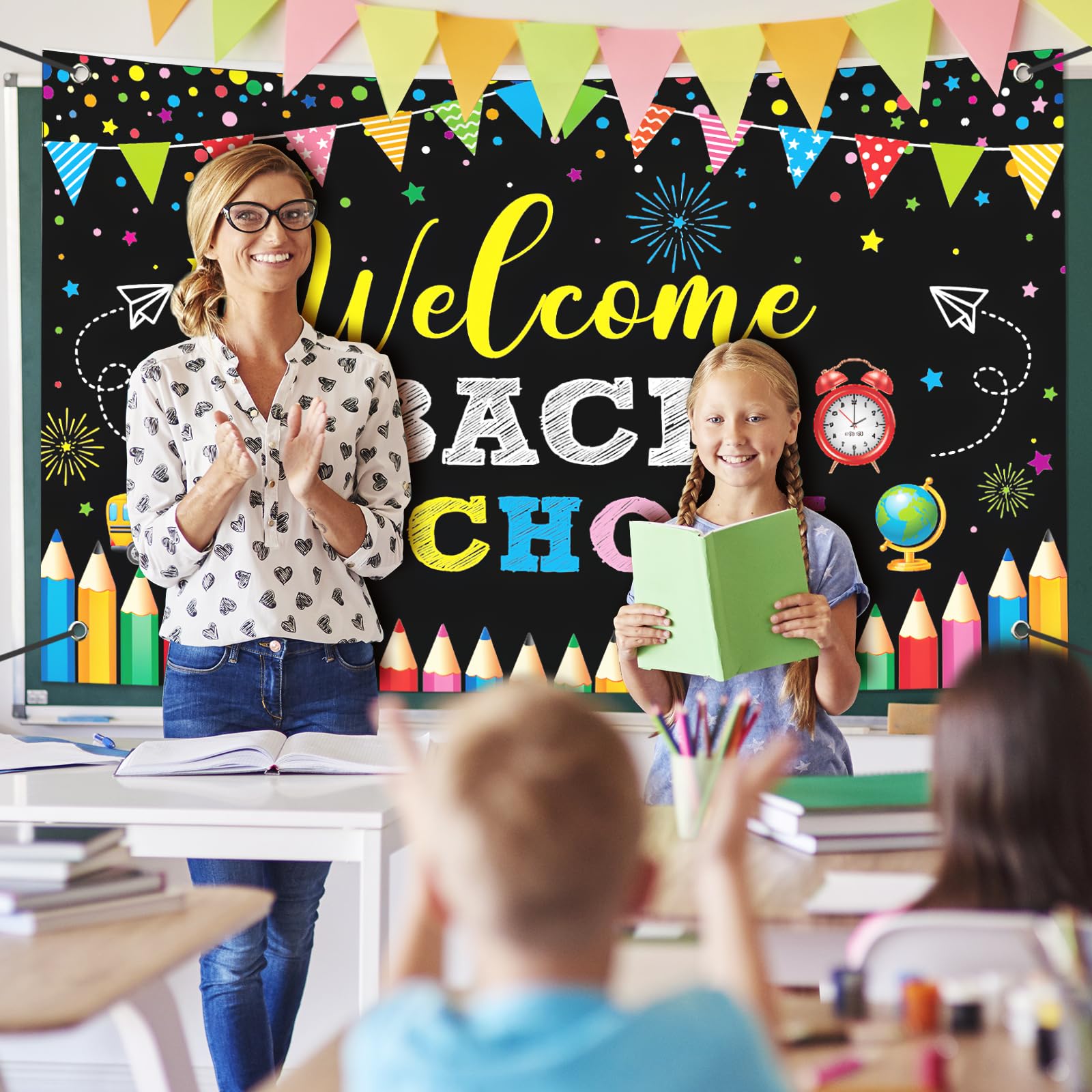 Large Welcome Back To School Banner Decorations 72X44 Inch, First Day Of School Backdrop Banner Flag Photography Background For