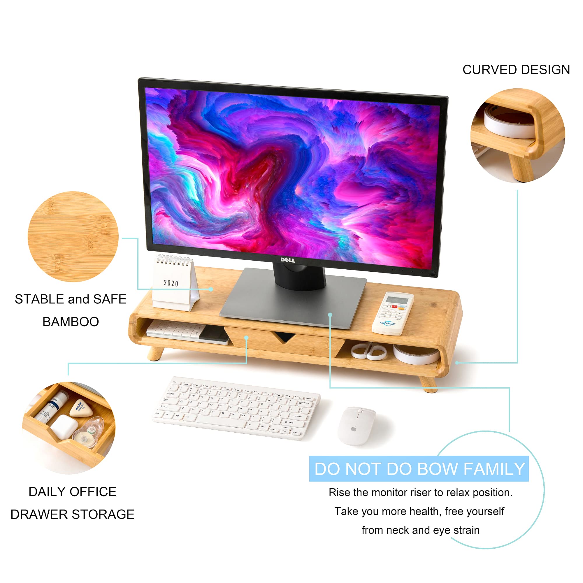 Homerays Bamboo Monitor Stand Riser, No Assembly Required Exquisite Monitor Stand With Drawer Ergonomic Height Wood Monitor Stan