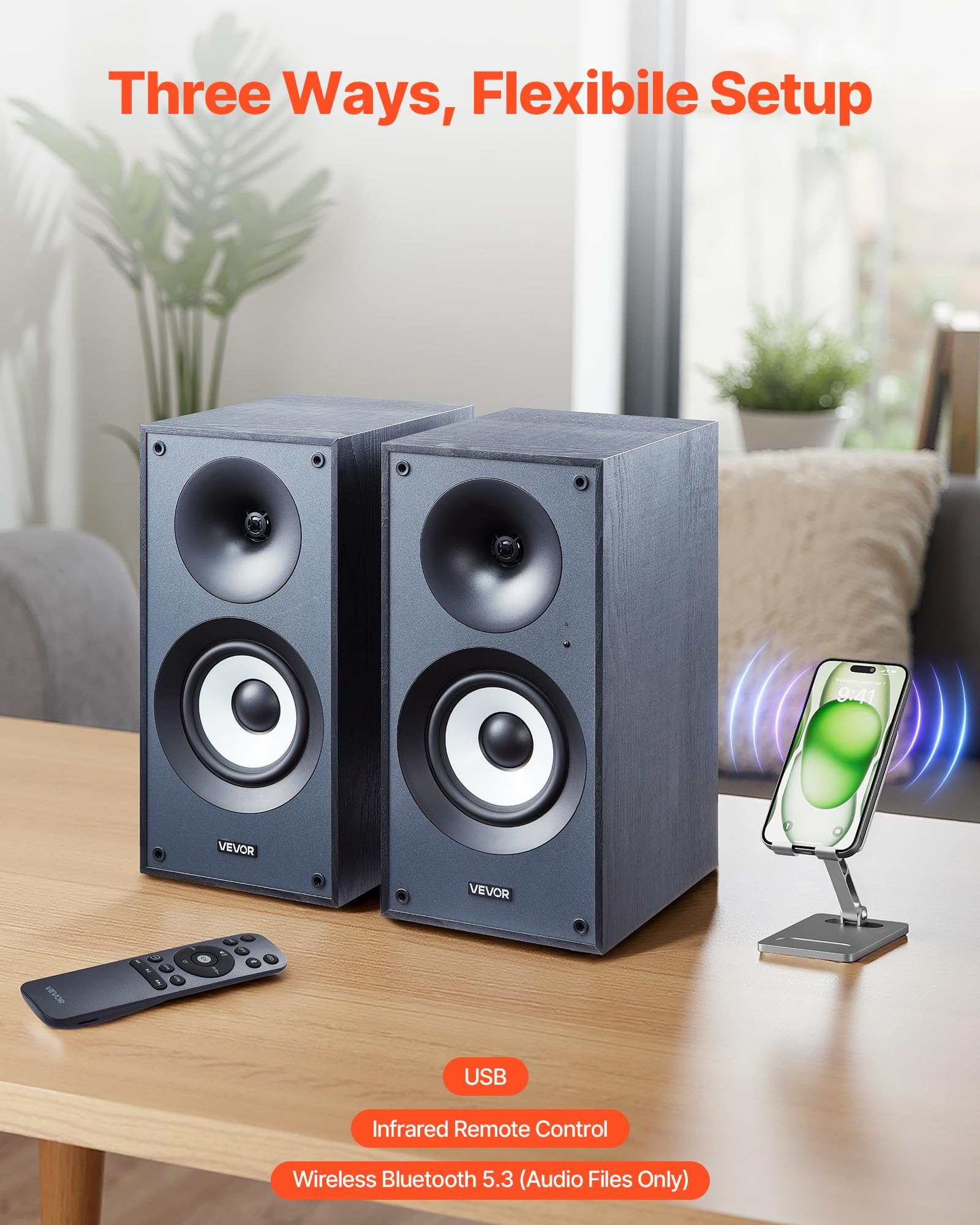 Vevor Powered Bookshelf Speakers, 25W X 2, Active Studio Monitor Speaker With 5.5 Inch Woofer, Bluetooth/Rca/Coaxial/Optical/Usb