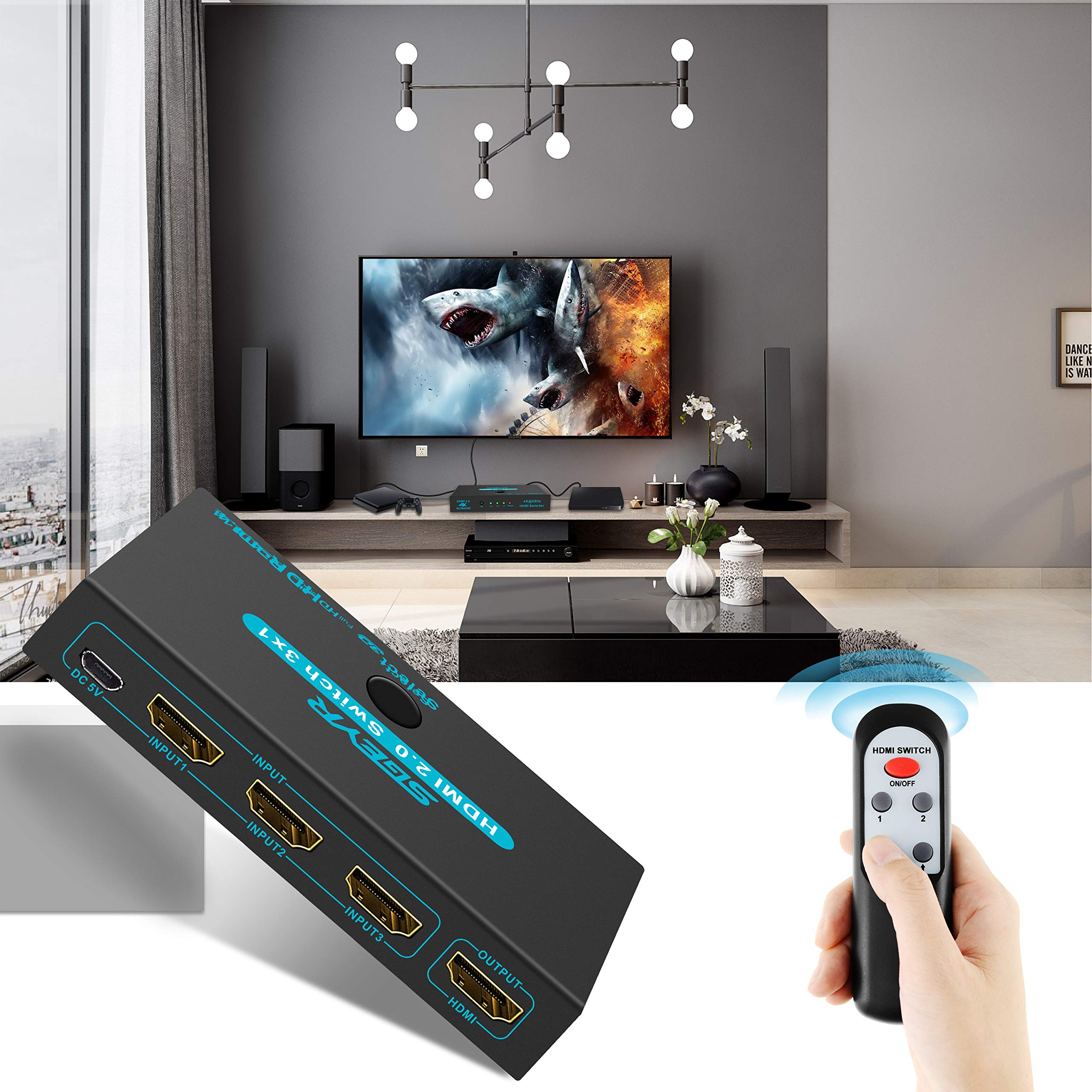 Sgeyr Hdmi 2.0 Switch Splitter 3 Port 4K Hdmi Switcher 3 In 1 Out Hdmi Switches Selector Box With Ir Remote Ir Remote Control Support Hdcp 2.2 Support 4K@60Hz Ultra Hd 3D 2160P 1080P