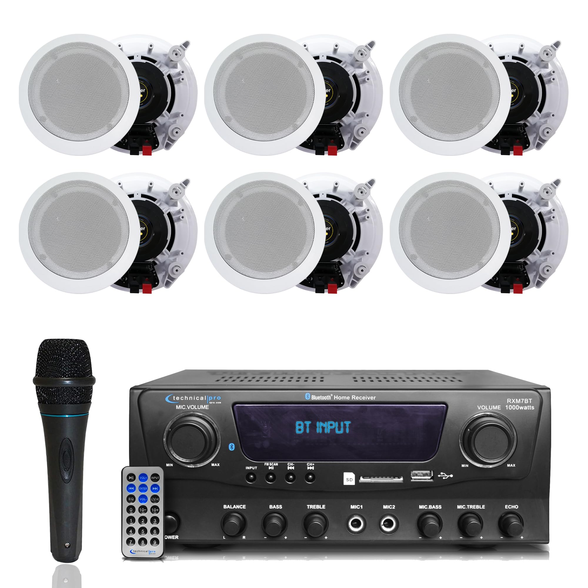 1000 Watts 2 Room Bluetooth Home Amplifier and Receiver with USB and SD Reader, (Qty 6) 6.5 Flush Mount in-Wall/in-Ceiling Stere