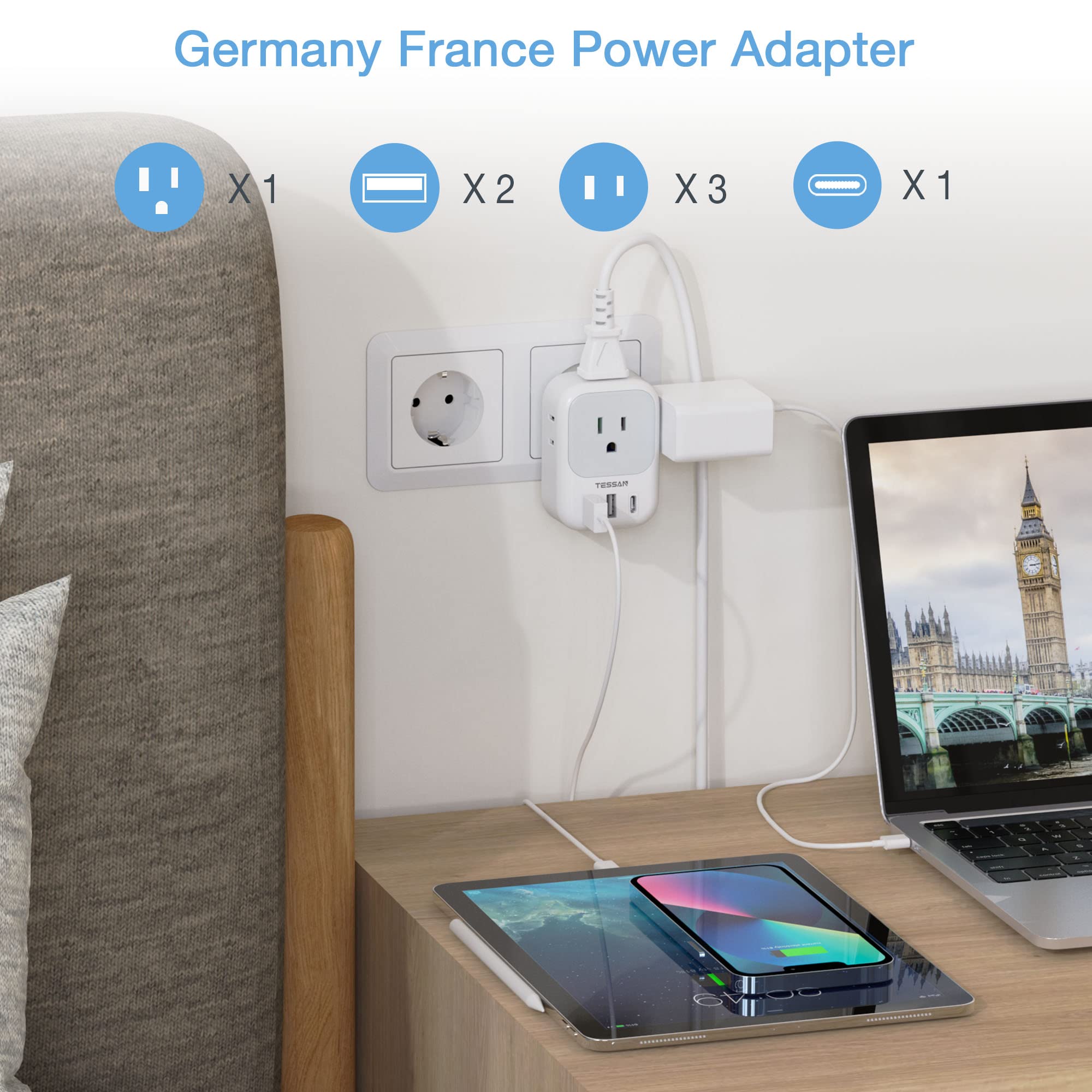 Tessan Type E F Plug Adapter, Germany France Power Adapter With 3 Usb Ports(1 Usb C), 4 Ac Outlets Travel Adaptor For Us To Euro