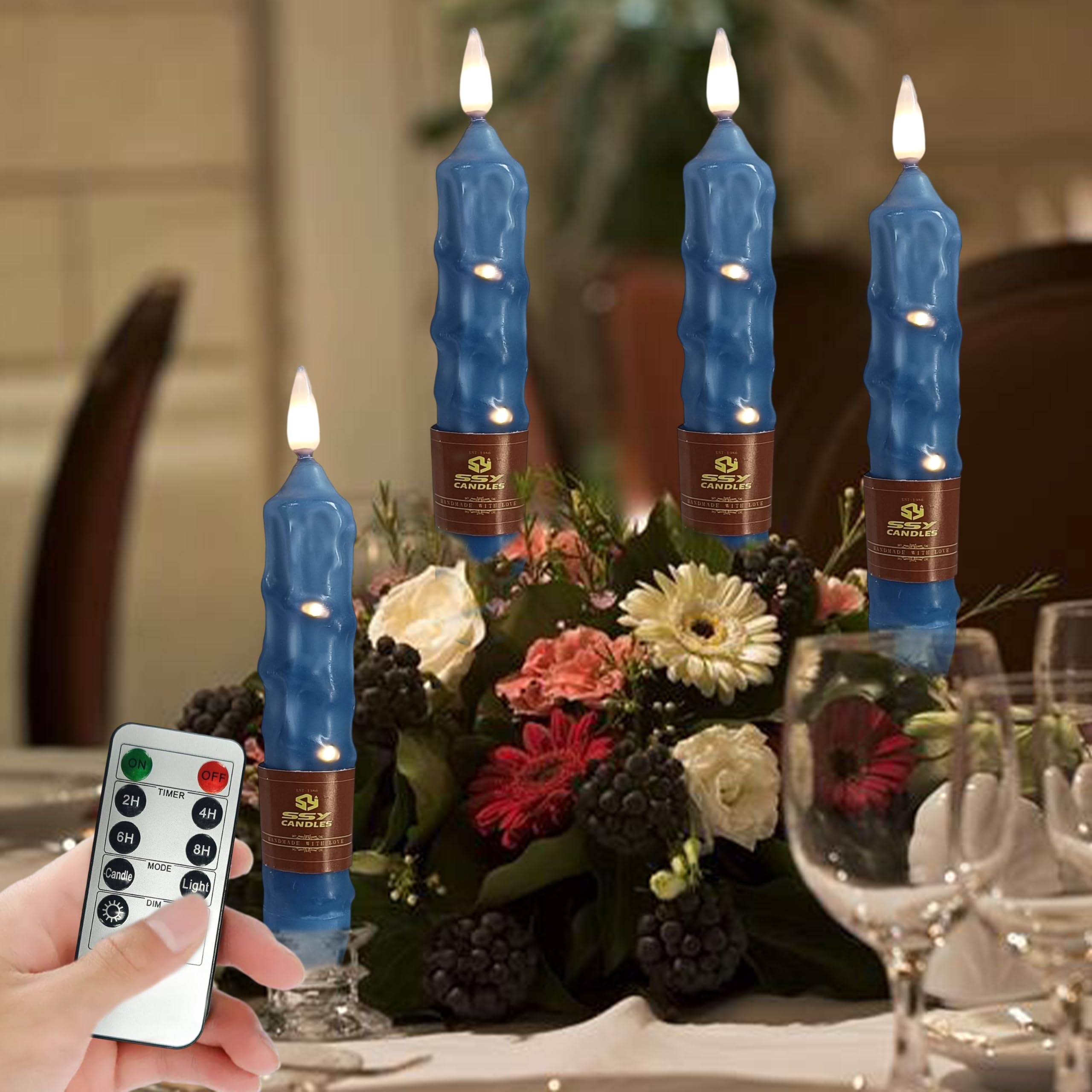 XINAOBAOLUO 6.5 inch Haze Blue Flameless Candle with String Light Window Candles with Remote Timer Battery Operated Taper Candle
