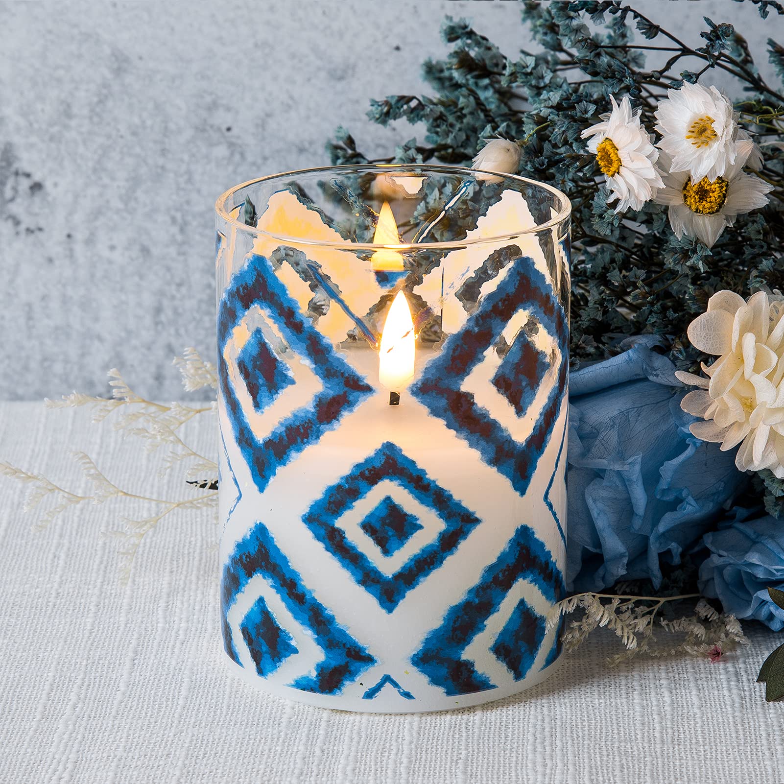 Eywamage Blue Geometric Flameless Candles In Glass Jars, Flickering Battery Led Pillar Candles With Remote Set Of 3
