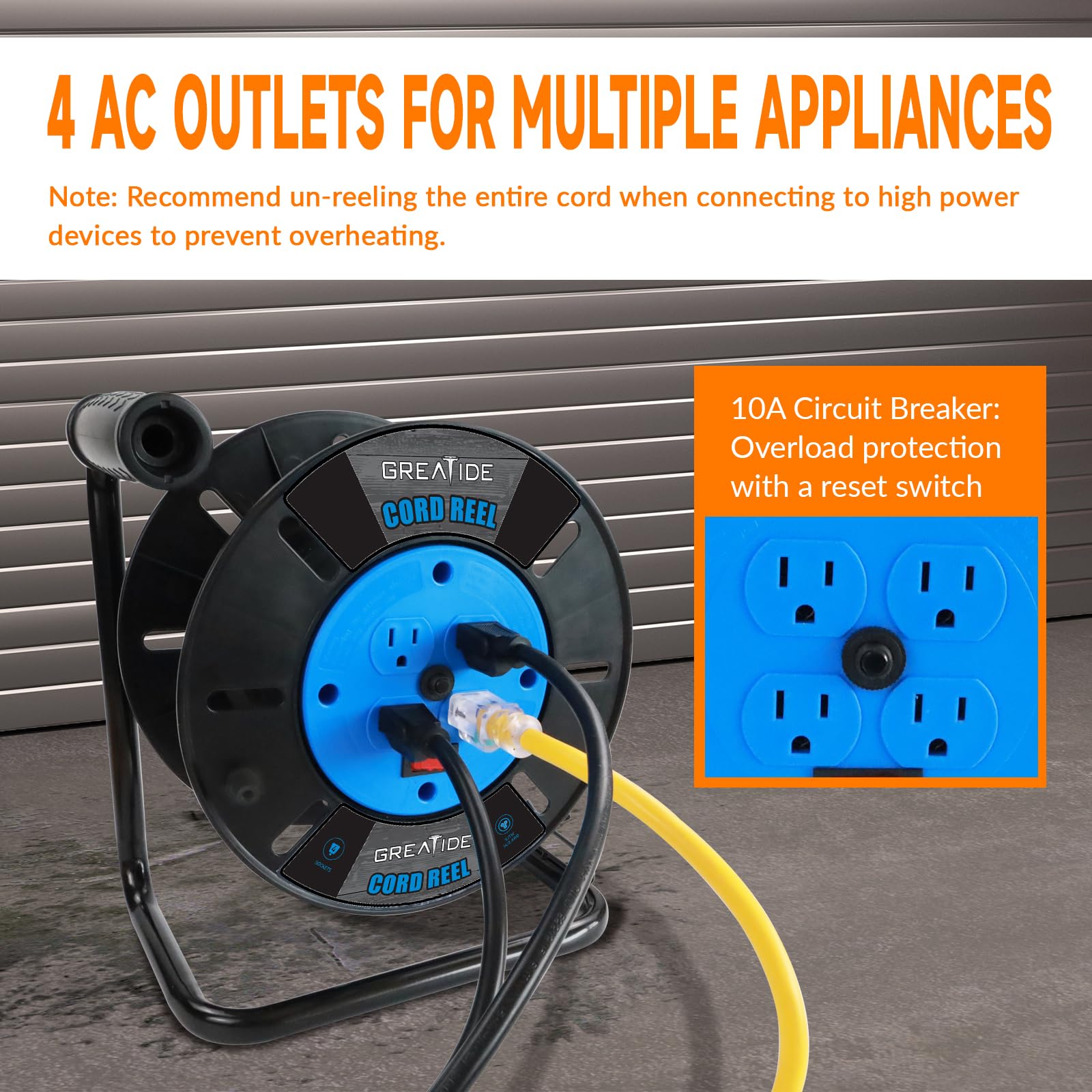 GREATIDE Heavy Duty Extension Cord Storage Reel 4 Grounded Outlets 10A Circuit Breaker Retractable Hand Wind Plastic Blue