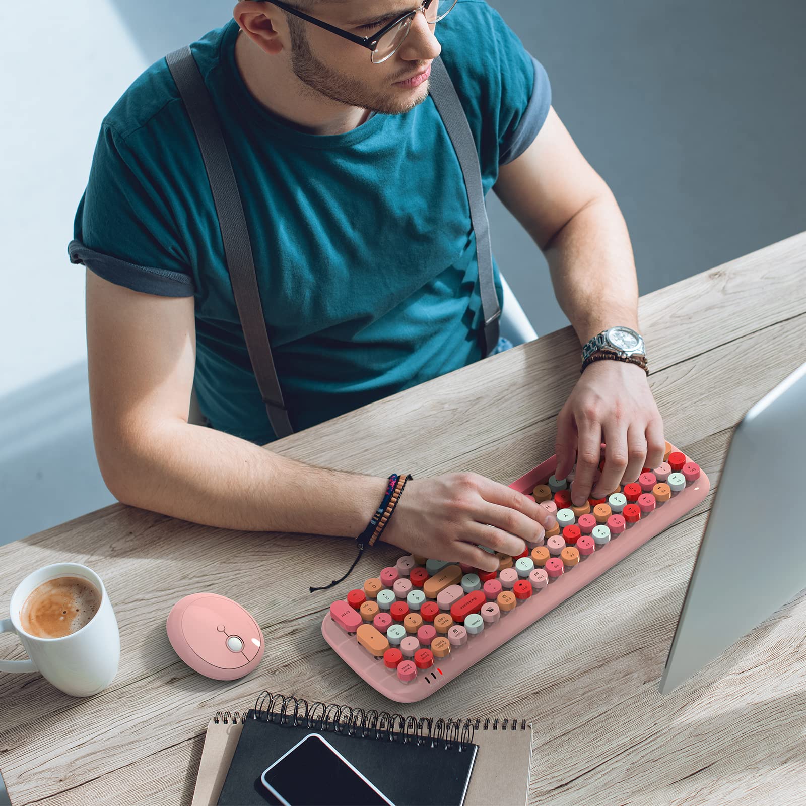 Knowsqt Wireless Keyboard And Mouse Combo, Light Pink 100 Keys 2.4 Ghz Round Keycap Typewriter Keyboards, Usb Receiver Plug And