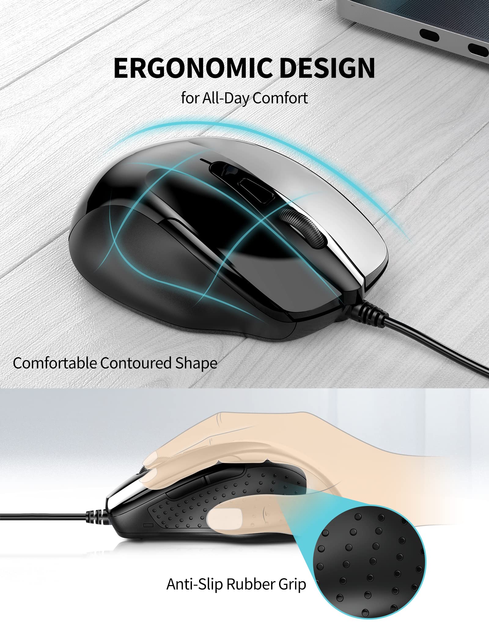 Tecknet Usb Wired Mouse, 6 Button Corded Mouse With 4 Adjustable Dpi, Optical Computer Mouse With Ergonomic Design And 5Ft Cord For Laptop, Chromebook, Pc, Desktop, Mac, Notebook Black