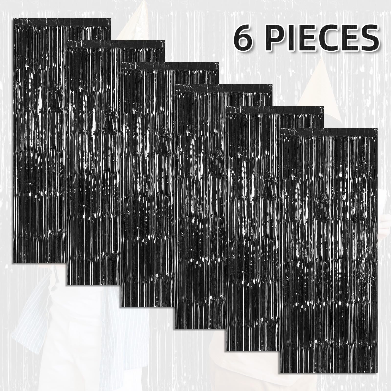 6 Pack Foil Fringe Backdrop Curtains, 3.28 X 8.2 Ft Black Tinsel Streamers Metallic Tinsel Foil Fringe Curtains Photo Booth Back