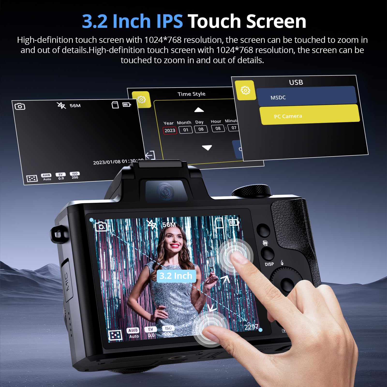 5K Digital Camera For Photography, Newest 64Mp Autofocus Vlogging Camera For Youtube With Front And Rear Lens, 5X Optical Zoom C