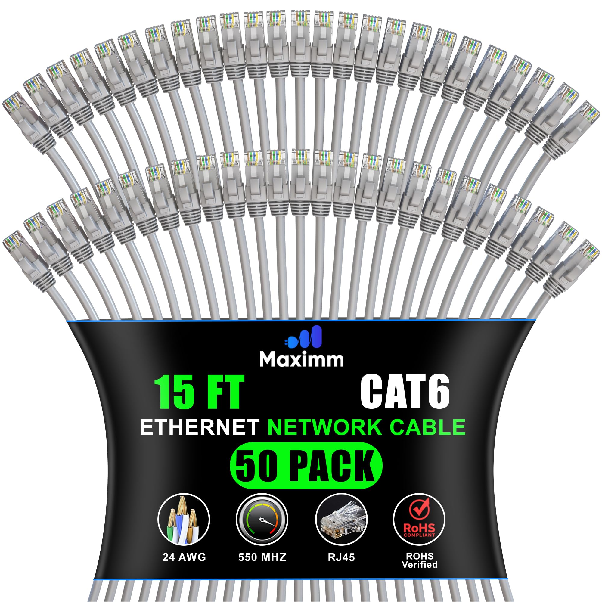 Maximm Cat 6 Ethernet Cable   15 Ft (50 Pack)   High Speed Lan, Internet, Patch, And Network Cable   Utp, 10Gbps, 550Mhz Ethernet Cord   Gray