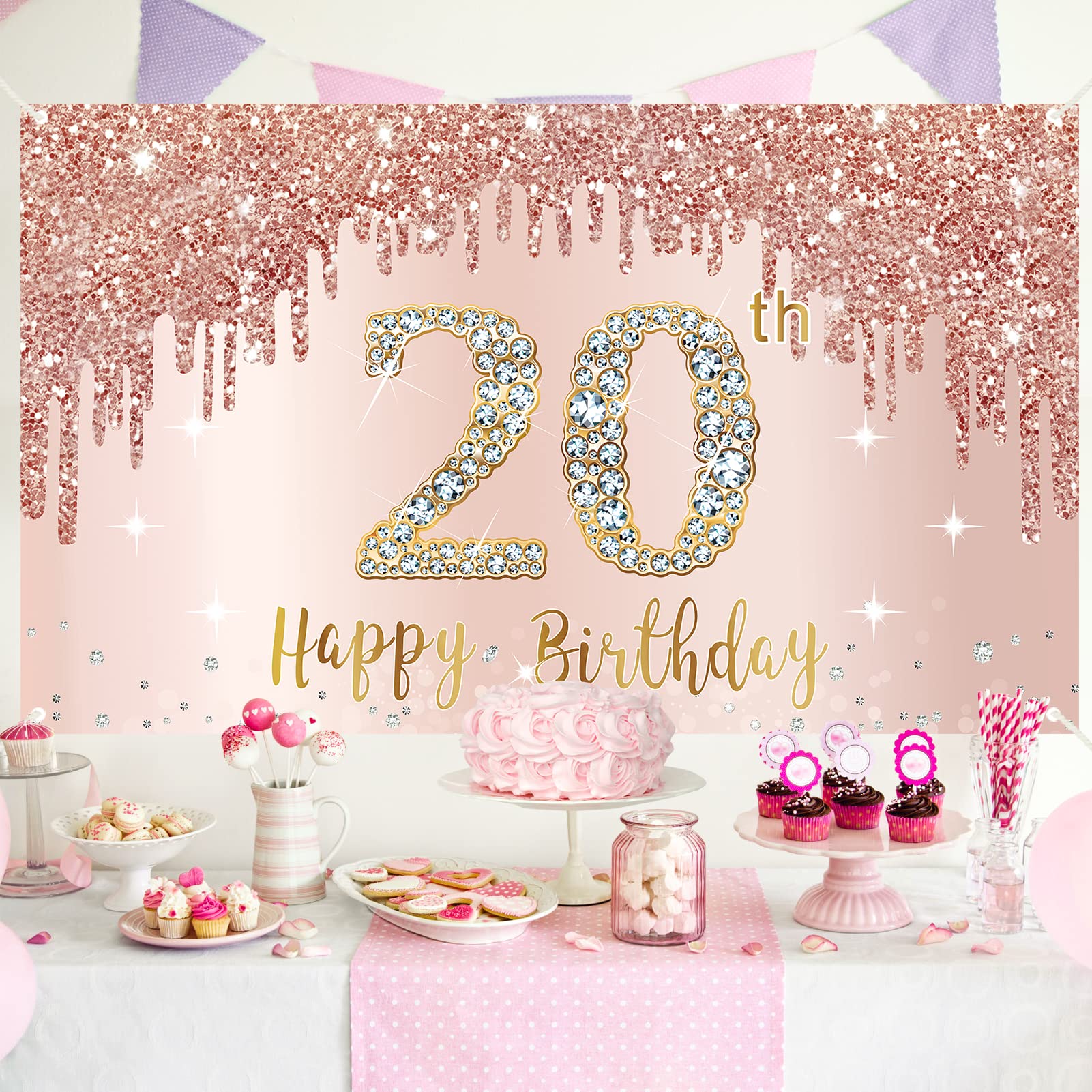 Happy 20Th Birthday Banner Backdrop Decorations For Women Girls, Rose Gold 20 Birthday Sign Party Supplies, Pink 20 Year Old Bir