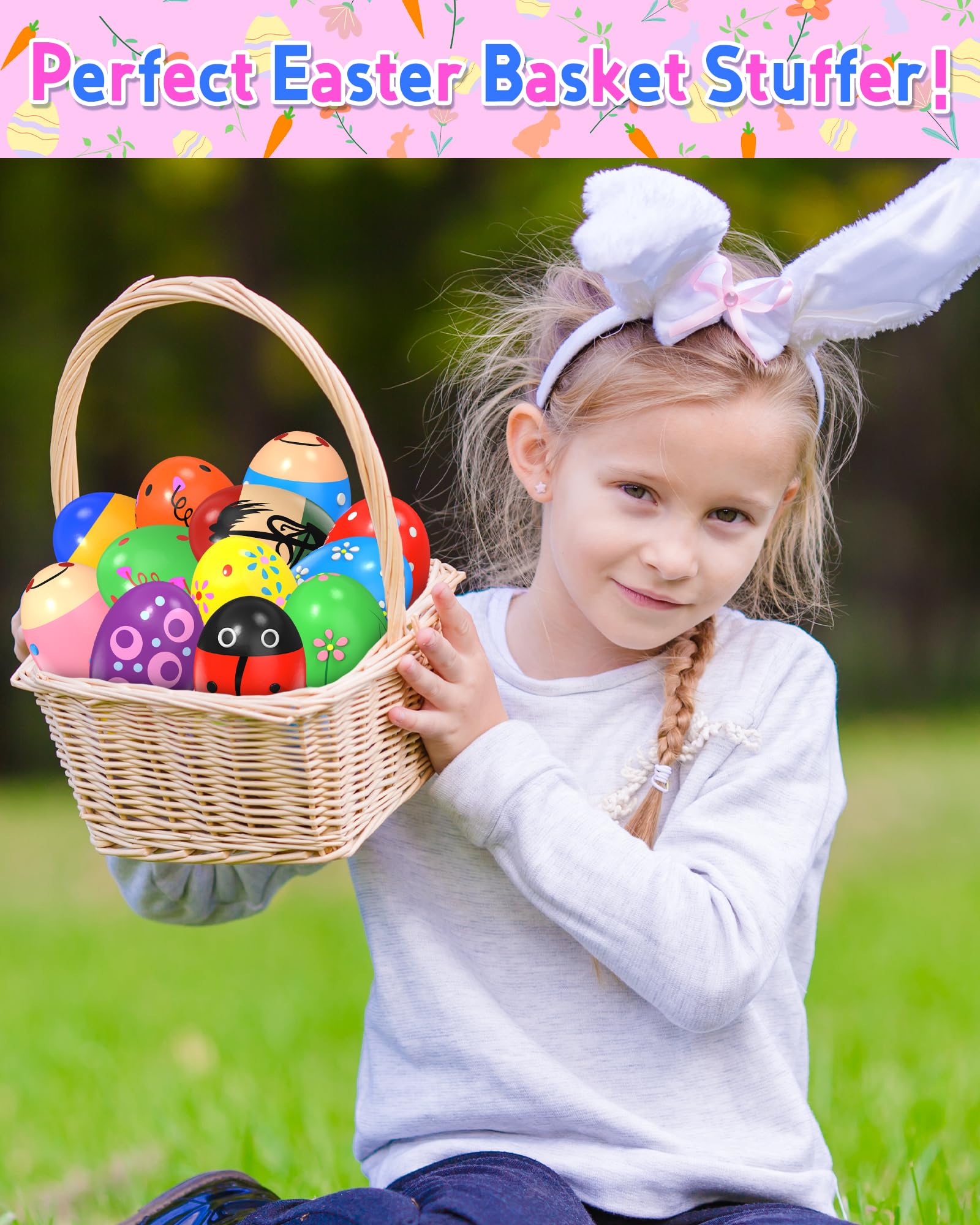 12 Pack Wooden Percussion Musical Shaker Prefilled Easter Eggs With Toys Inside Filled, Toddlers Easter Basket Stuffers Egg Fill