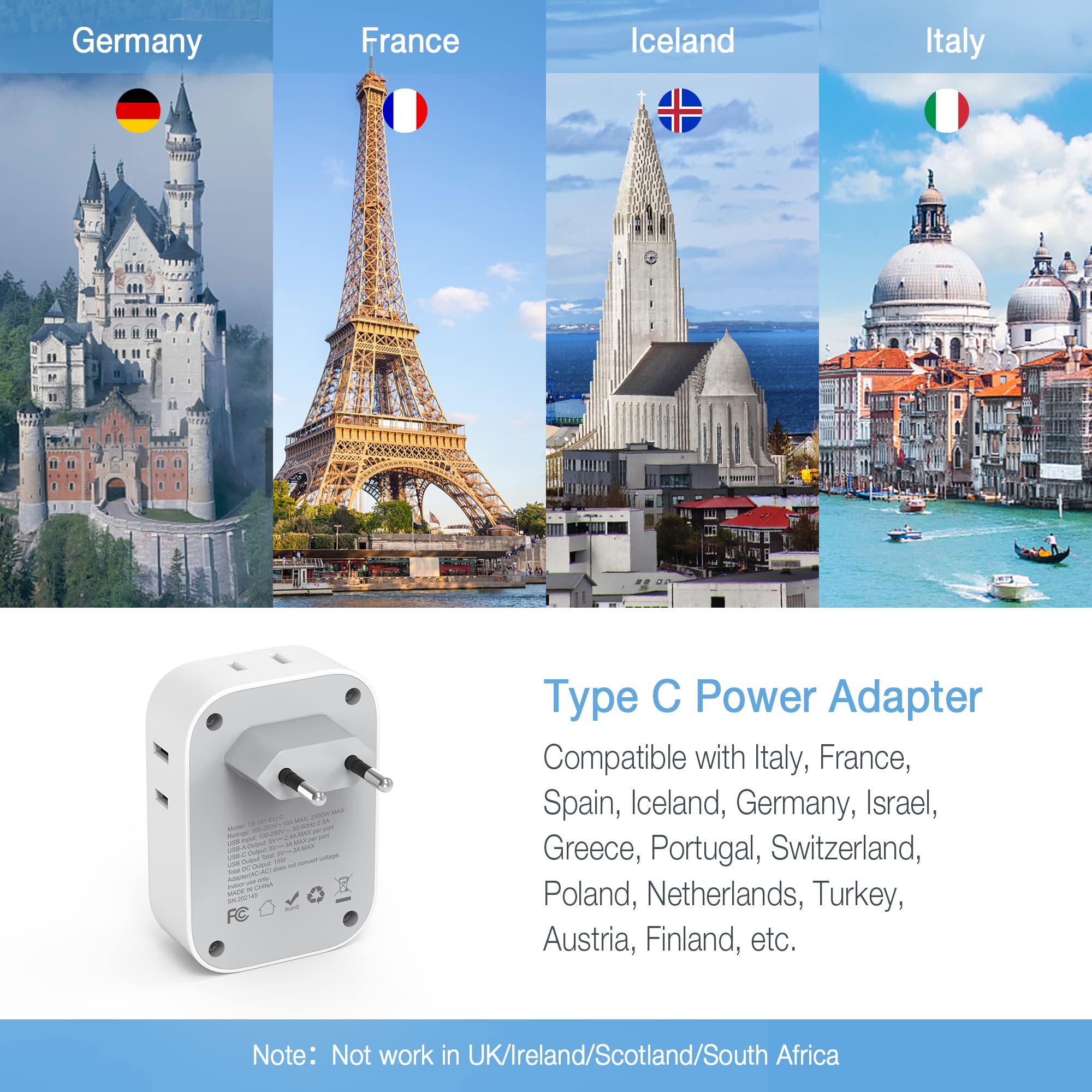 Tessan 3 Pack European Travel Plug Adapter Usb C, Us To Europe Plug Adapter With 4 Ac Outlets And 3 Usb Ports, Type C Power Adap