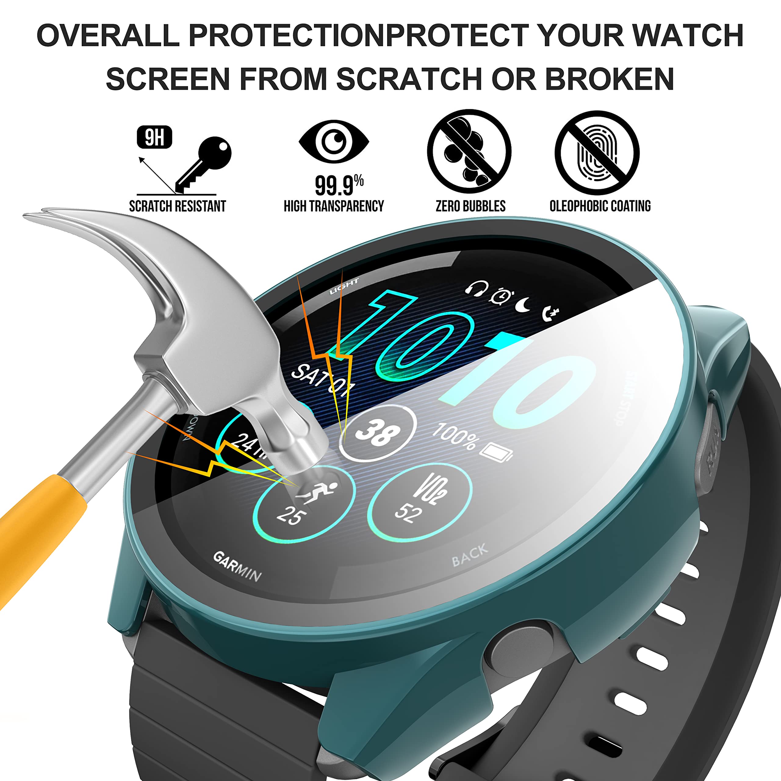 Suoman For Garmin Forerunner 265 Protector Case, For Garmin Forerunner 265 Smartwatch Ultra Thin Tempered Glass Full Coverage Ca