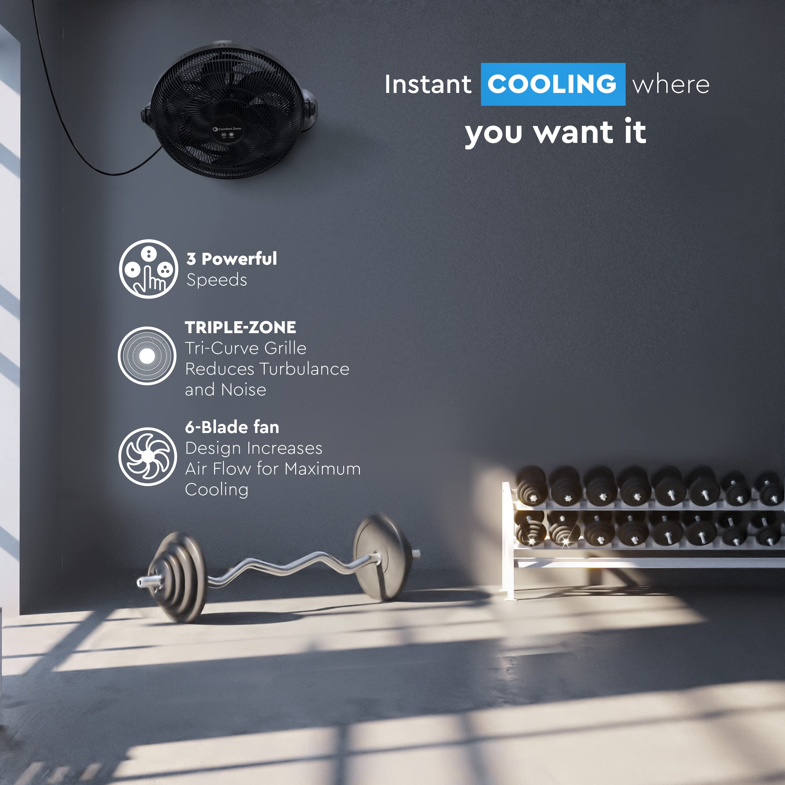 Comfort Zone Powrcurve High-Velocity Wall Mountable Floor Fan With 180-Degree Adjustable Tilt, 20 Inch, 3 Speed, 6 Fan Blades (W