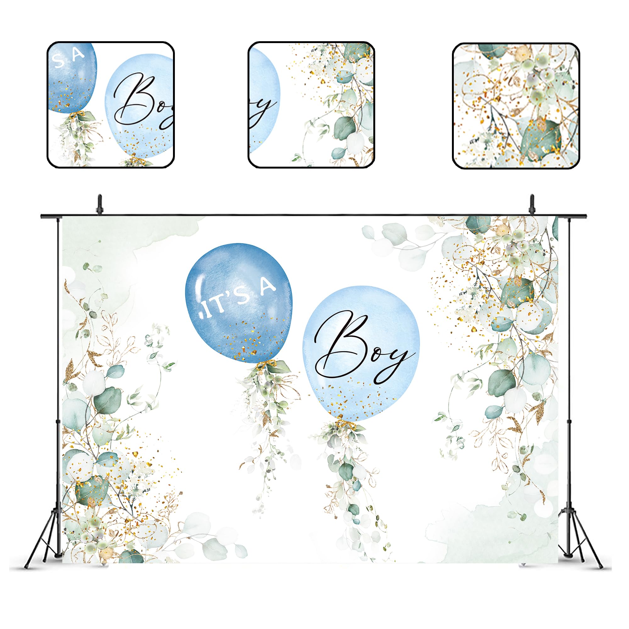 Glawry It'S A Boy Baby Shower Backdrop For Photography 7Wx5H Feet Cute Blue Cartoon Balloons Watercolor Green Gold Eucalyptus Le