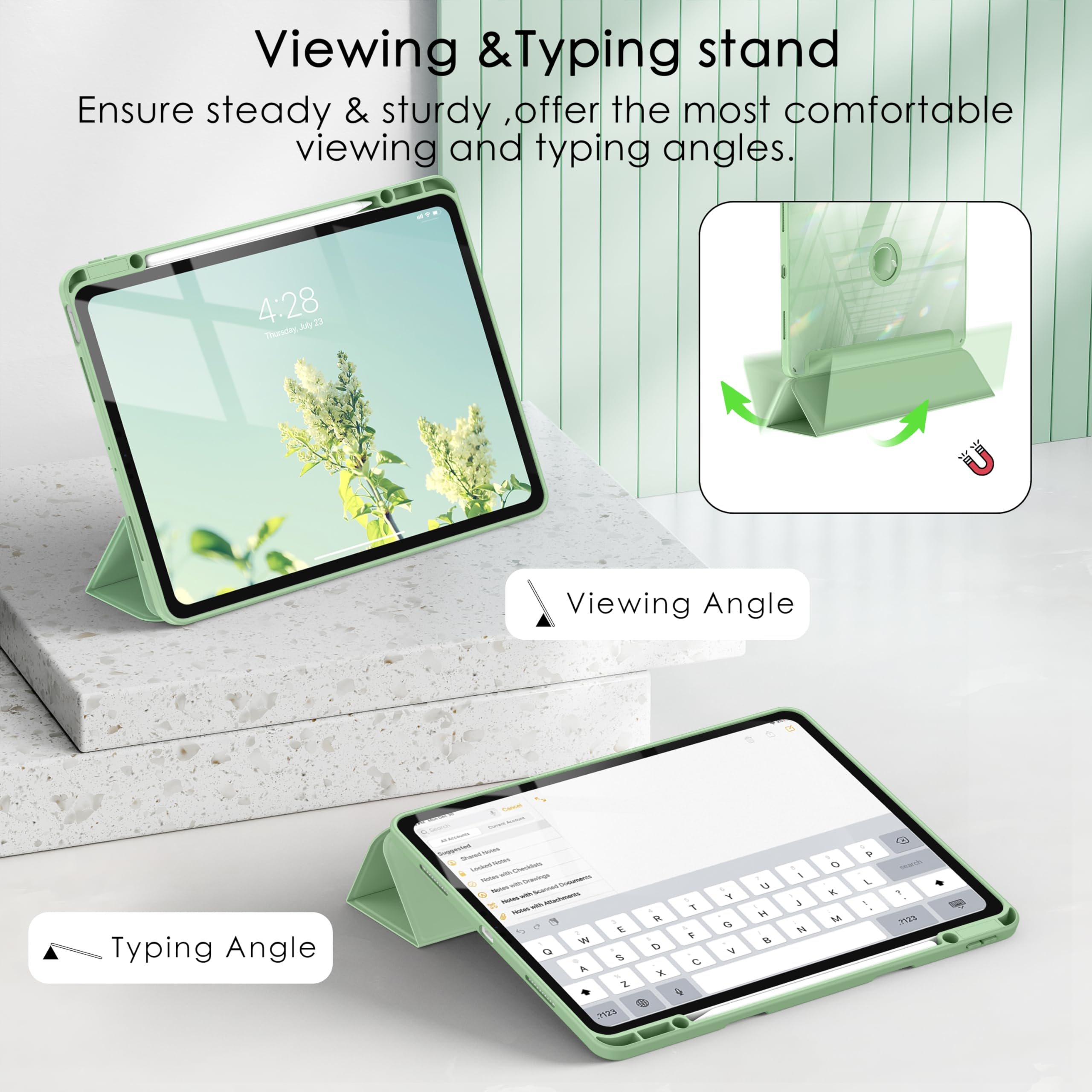 Soke Case For Ipad Air 13 M2 2024/Pro 12.9 (6Th/5Th/4Th Generation, 2022/2021/2020)   Pencil Holder+Auto Sleep/Wake+Camera Protection, Shockproof Back Cover For Ipad Pro 12.9 Inch, Matcha Green