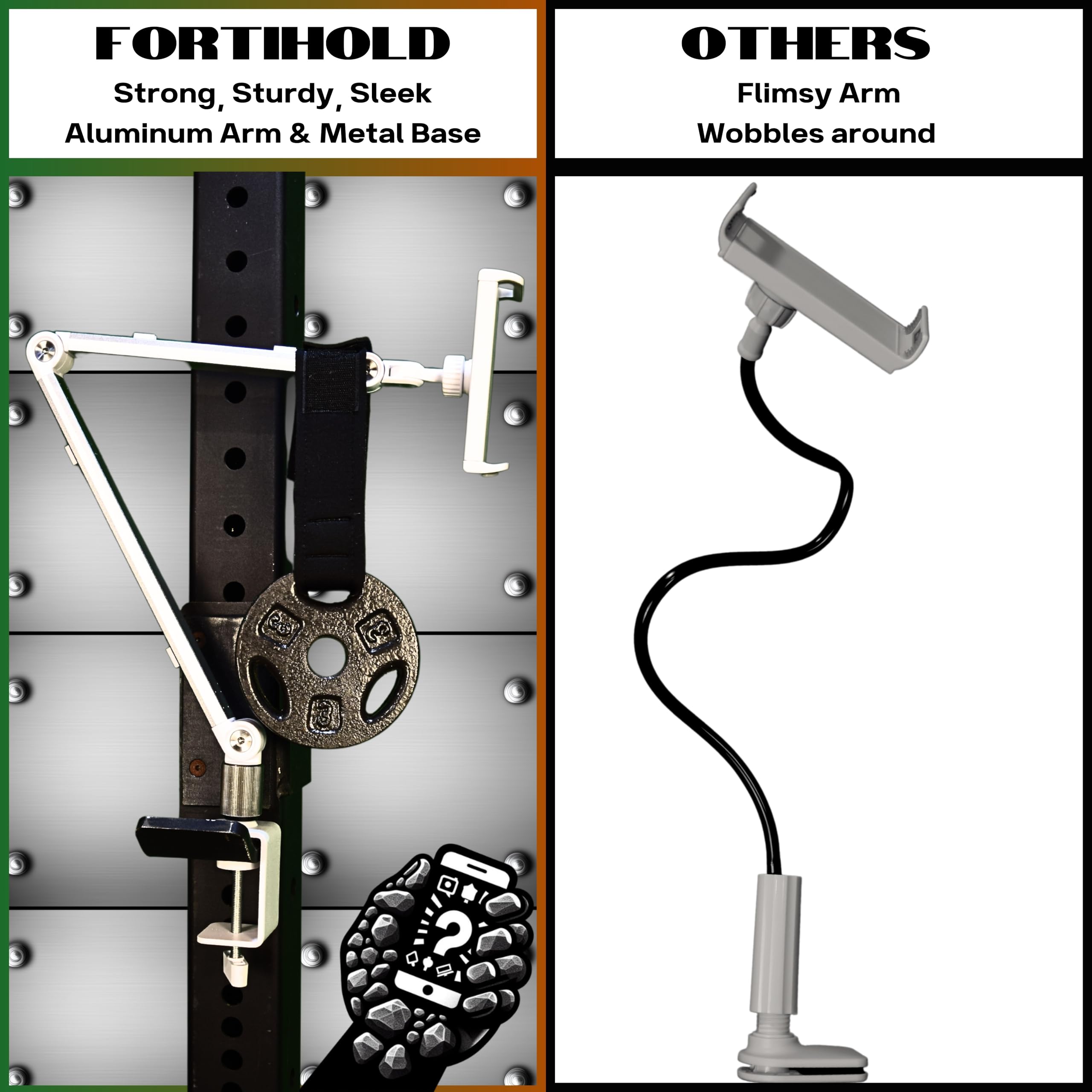 Fortihold Aluminum Phone And Tablet Stand - Adjustable 360 Rotation, Cable Management, Stable Base, White - 16'' Portable Monito