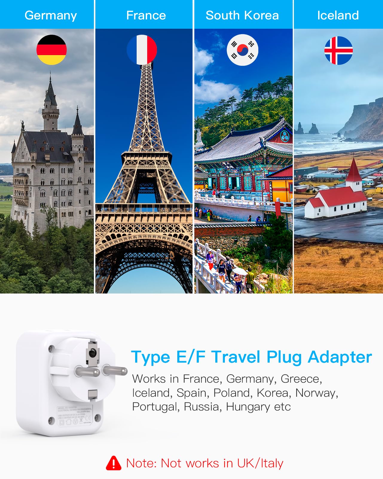 Type E F Plug Adapter, Germany France Travel Plug Adapter With 2 Outlets 3 Usb Ports(2 Usb C),Schuko Plug Power Adaptor For Us T