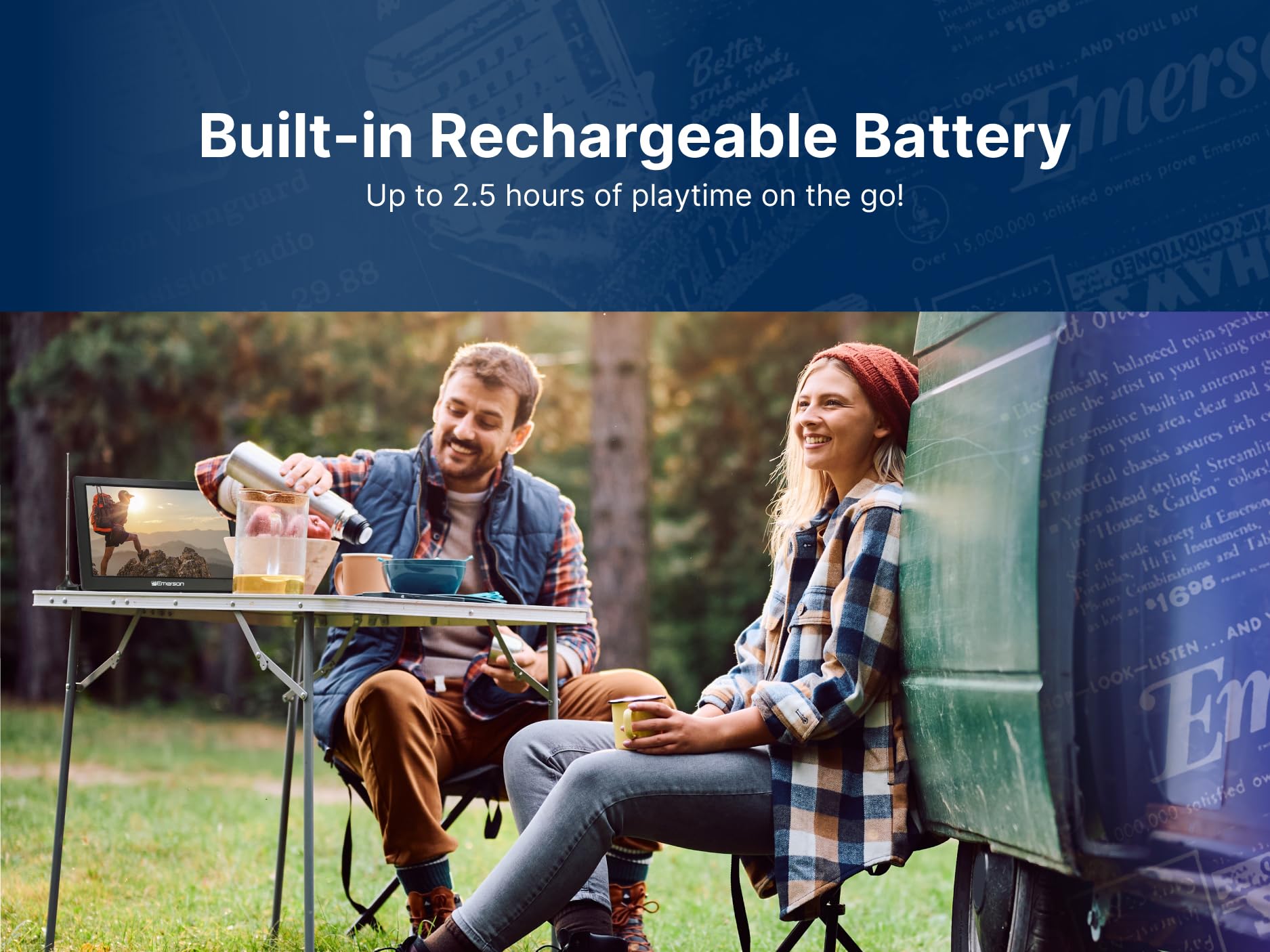 Emerson Et-1300 13.3 Portable Digital Tv With Built-In Rechargeable Battery, Dc Car Adapter, Hdmi, Usb, And Av Inputs, Crystal-C