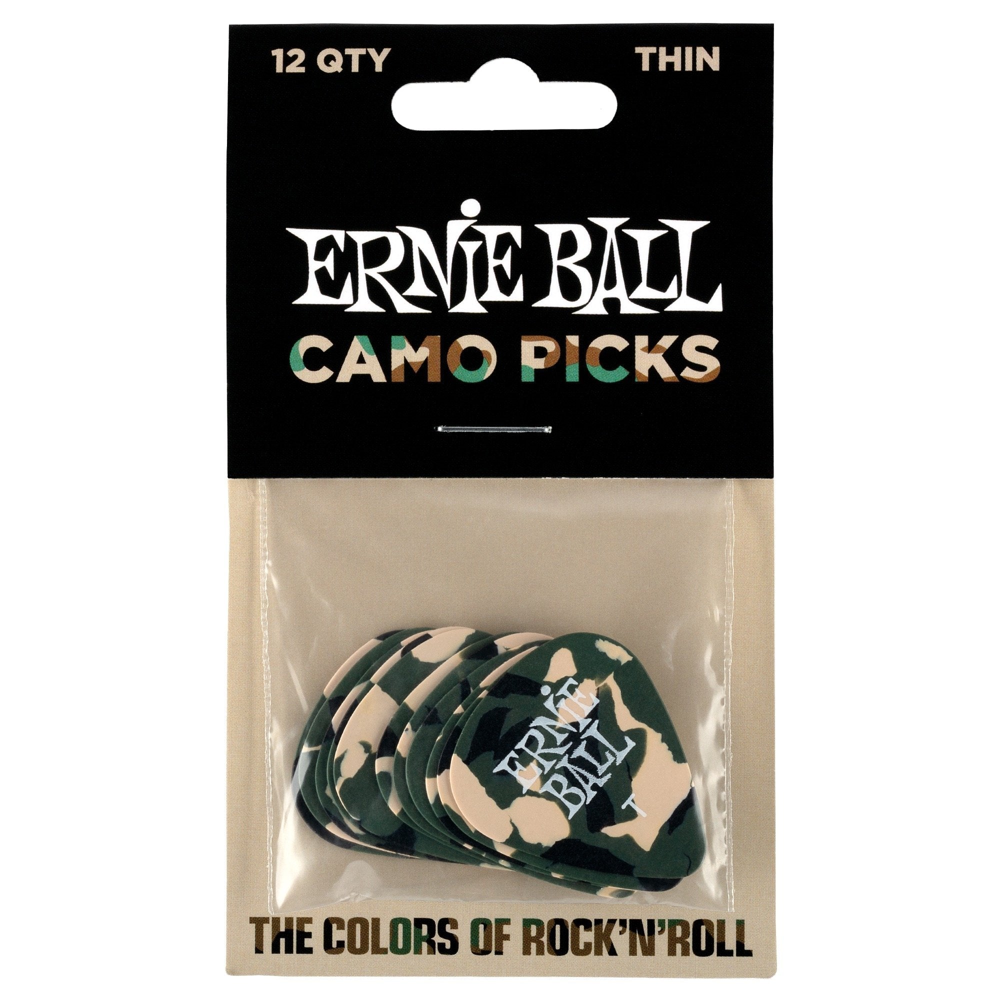 Ernie Ball Guitar Picks, Thin, Camouflage, 12 Pack (P09221)