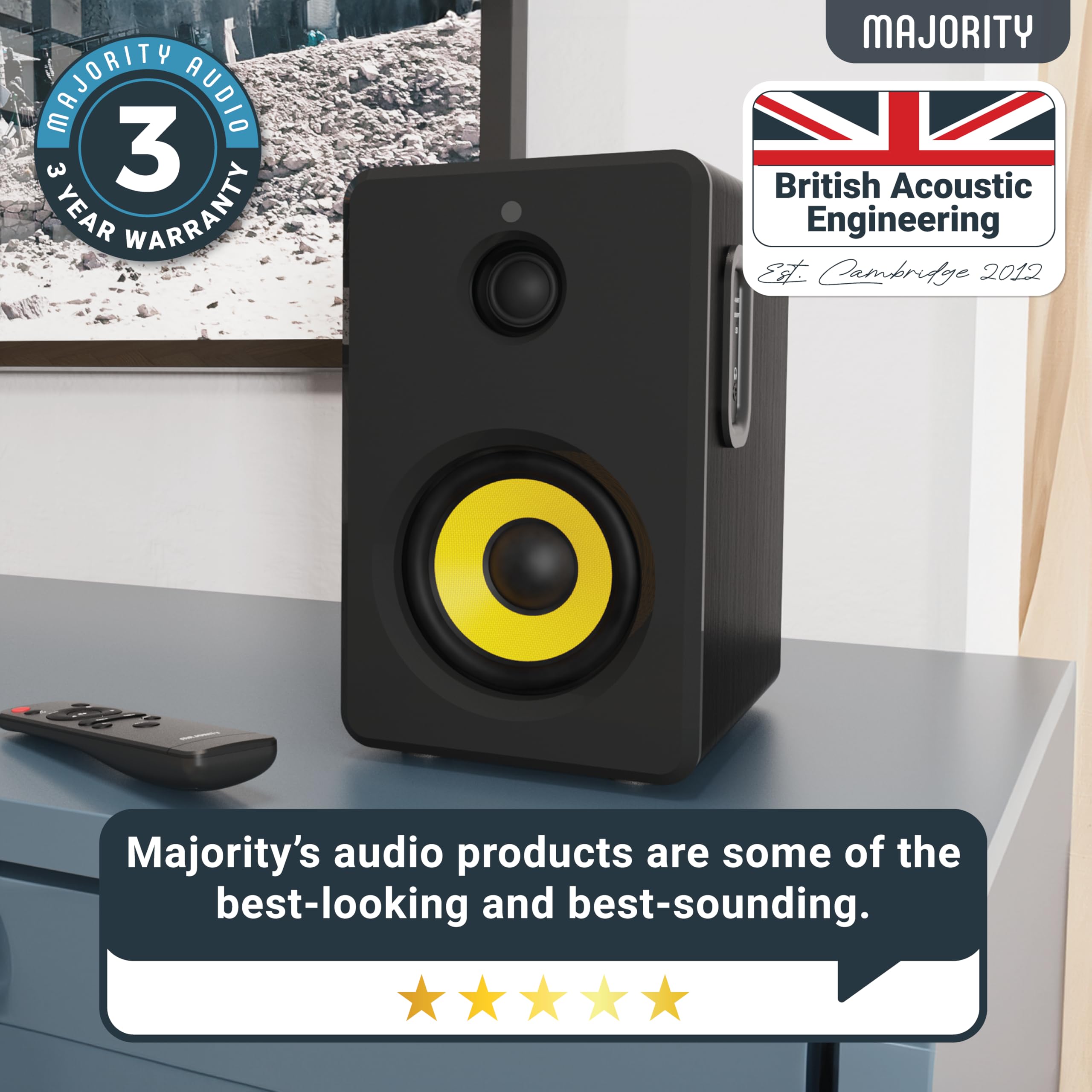 Majority Bluetooth Active Bookshelf Speakers With 70 Watts Power | Hi Fi Powered Speakers, Kevlar Yellow Speaker Cone And Wooden