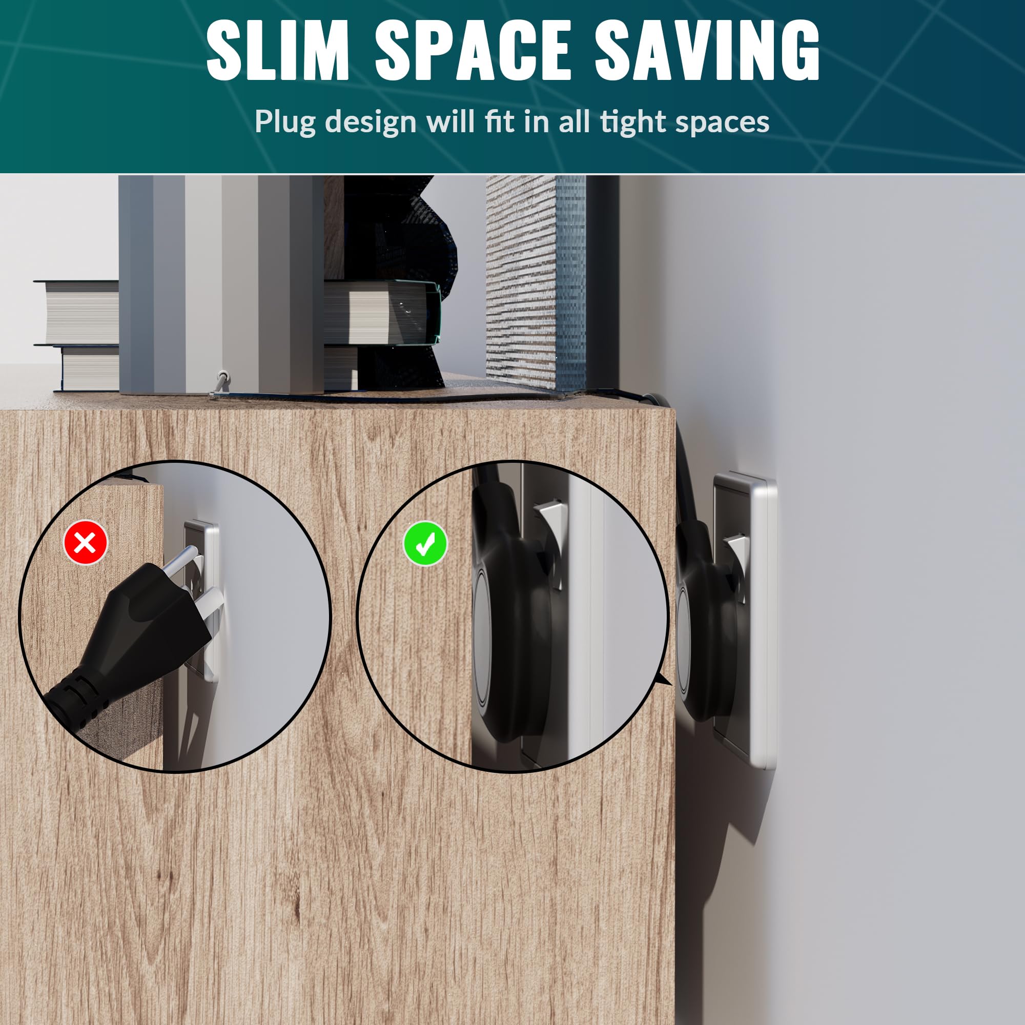 Elecan Flat Plug Extension Cord 4 Ft 2 Pack With Slim Space Saving Plug Design, Thin Flat Cable Low Profile Power Cord 3 Prong G