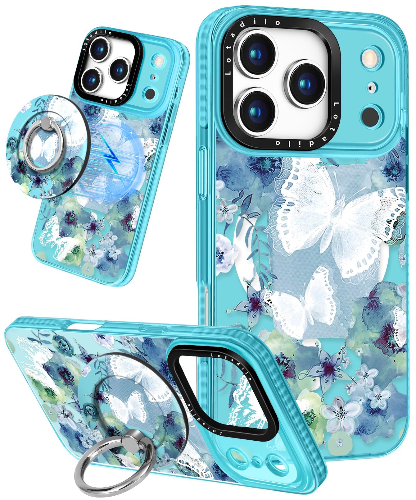 Lotadilo Case for iPhone 17 Pro Case Compatible with Magsafe Ring Holder Stand - for Women Ink Butterfly Design TPU Phone Cover 