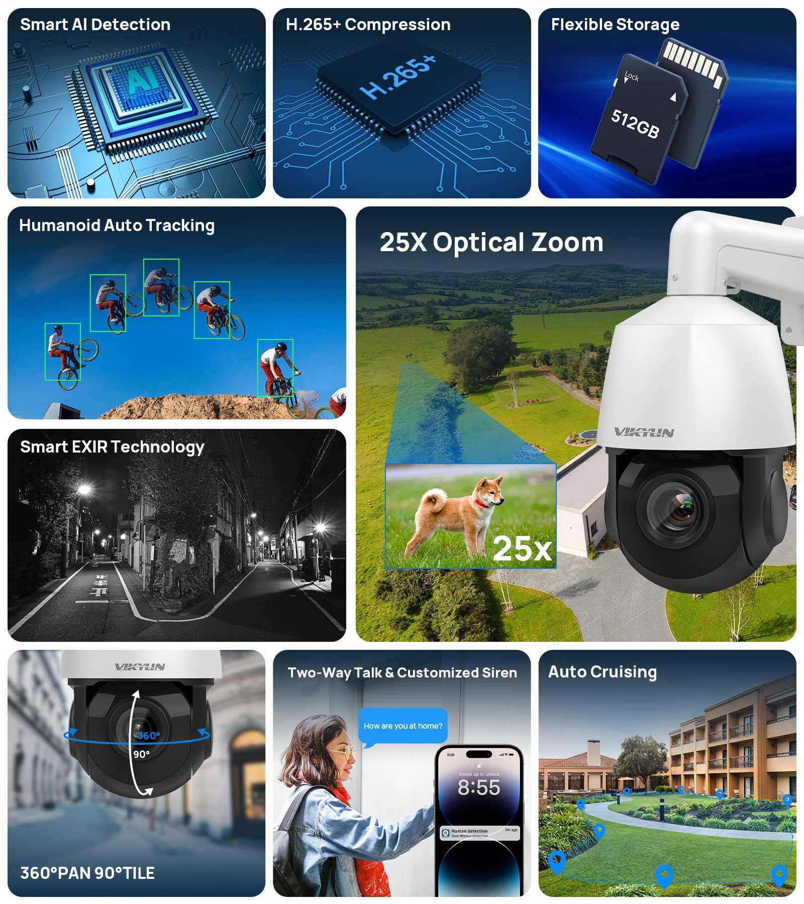 Vikylin 5Mp Ptz Ip Poe Camera Outdoor, Pan Tilt 18X Optical Zoom, Auto Tracking Ptz Camera With 328Ft Ir Night Vision,Human Vehi