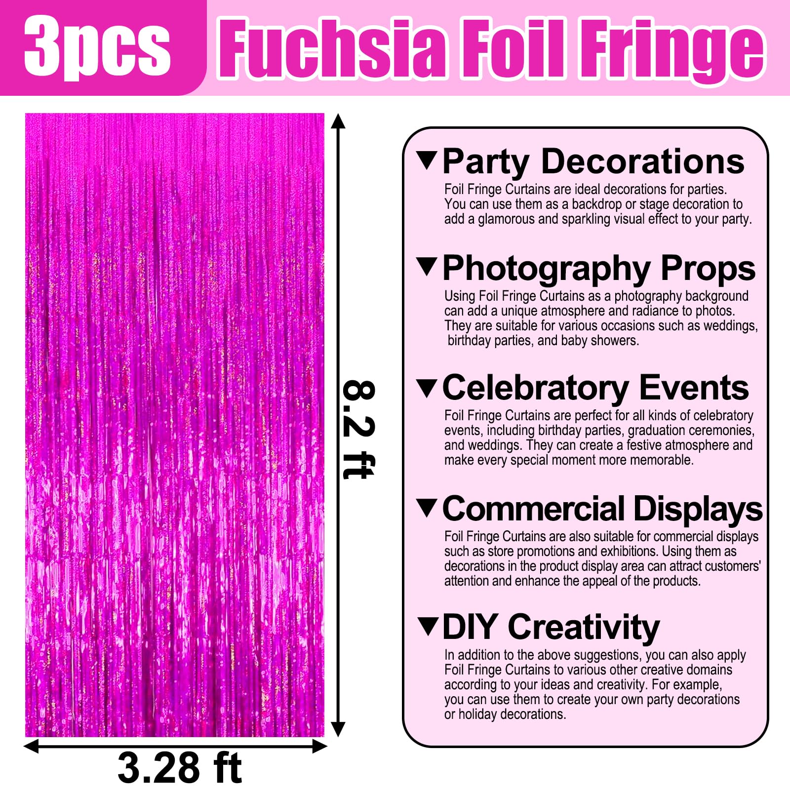 3 Pack Rose Red Foil Fringe Curtain Backdrop, 3.28Ft X 8.2Ft Metallic Tinsel Foil Fringe Streamer Curtains For Photo Booth, Vale