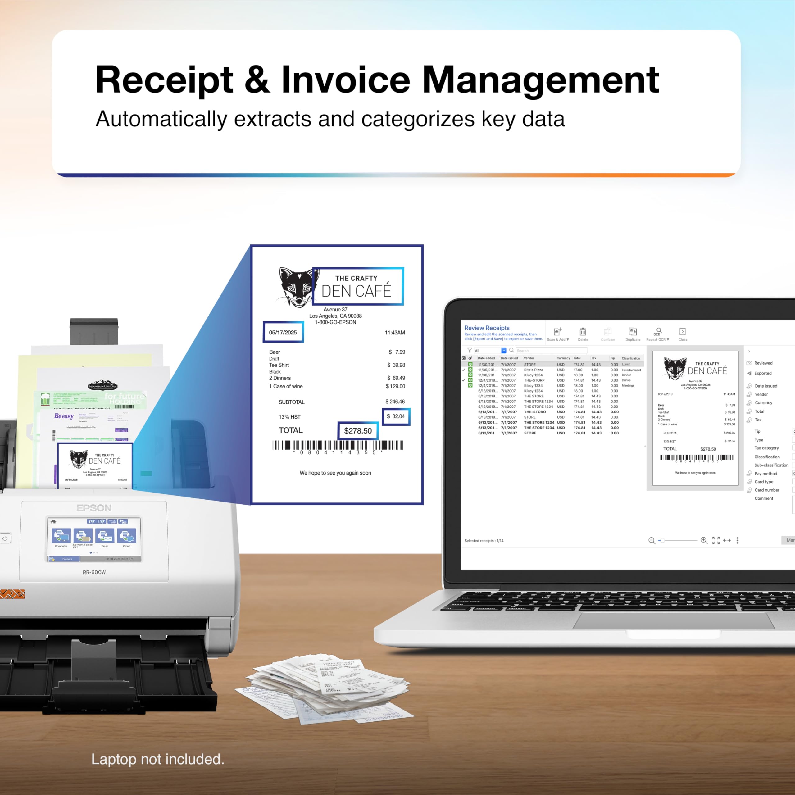 Epson Rapidreceipt Rr 600W Wireless Desktop Color 2 Sided Receipt & Document Scanner With Scansmart Ai Pro Receipt Management &