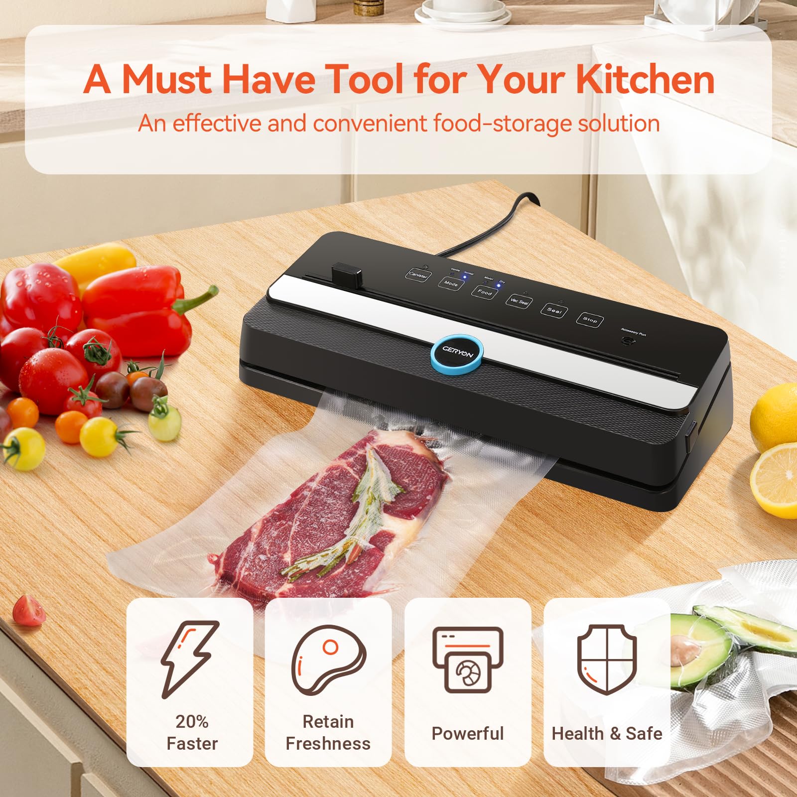 Geryon Vacuum Sealer, Automatic Food Sealer Machine For Food Vacuum Packaging W/Built In Cutter|Starter Kit|Led Indicator Lights
