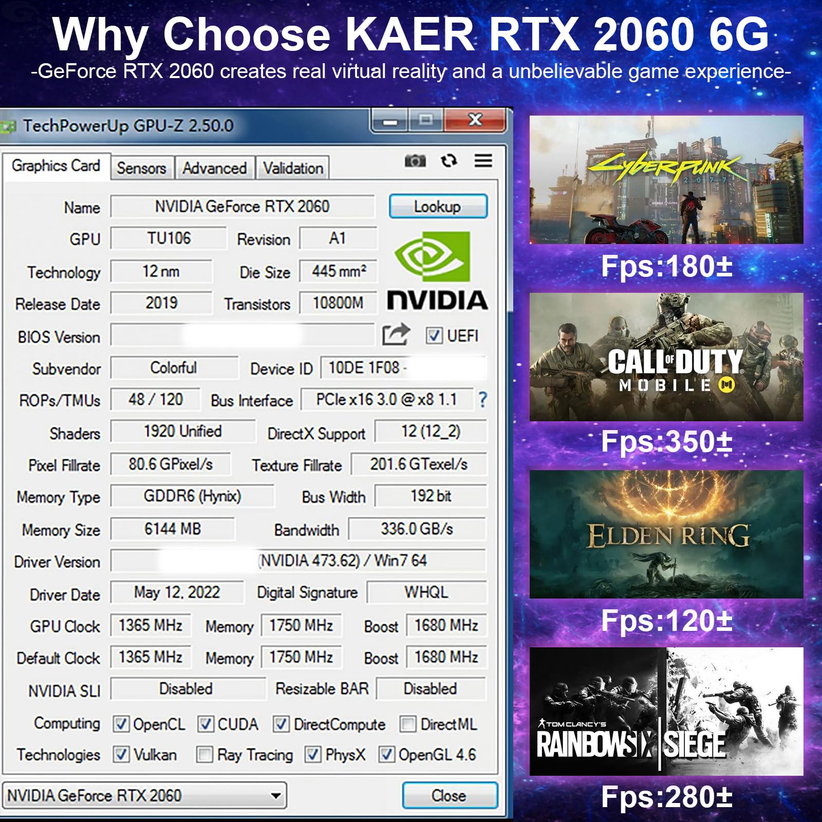 Kaer Gaming Geforce Rtx 2060 6Gb Gdrr6 192 Bit Hdmi/Dp/Dvi 1680Mhz Dual Fans Ray Tracing Graphics Card