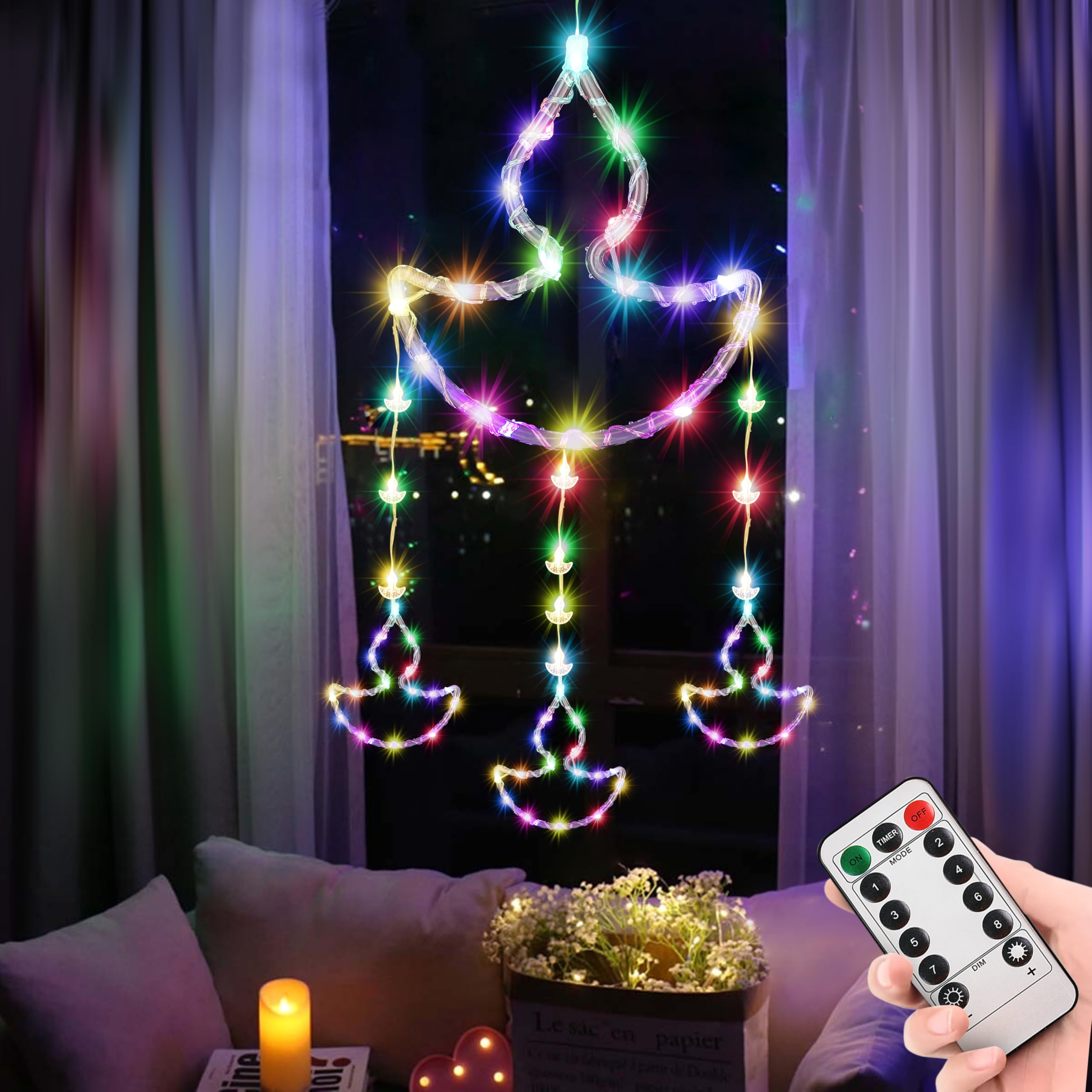 Gesto Hanging Diya Curtain Lights  1 Large, 3 Medium & 10 Small Diyas With 8 Lighting Modes & Remote | Decorative Diya Fairy Lig