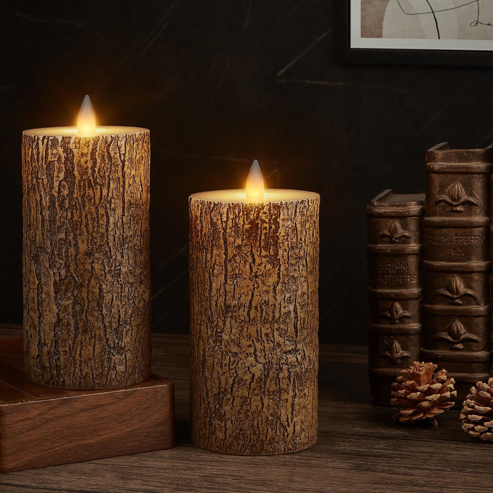 Cozierglow Brown Bark Wax Flameless Pillar Candles With Remote Timer, 3D Moving Flame Led Candles Up To 400 Hours With 2Aa Batte