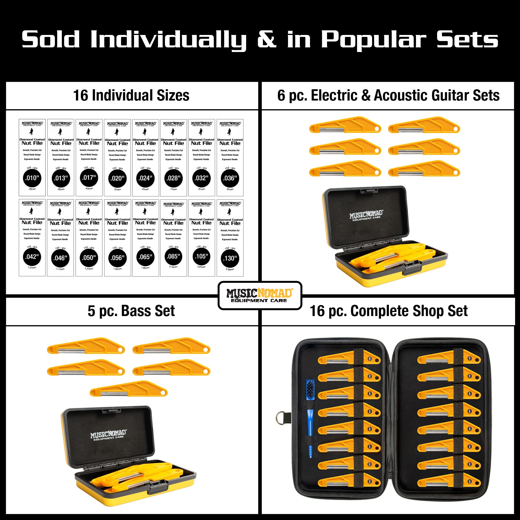 Musicnomad Mn673 5 Pc. Diamond Coated Bass Nut Slotting File Set, With Storage Case