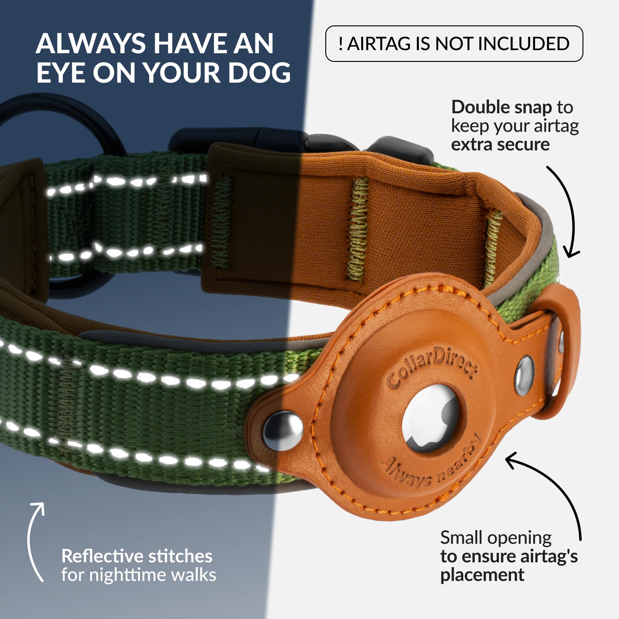 Airtag Dog Collar, Collardirect, Reflective Dog Collar For Apple Air Tag For Large, Medium, And Small Dogs, Green, Xl
