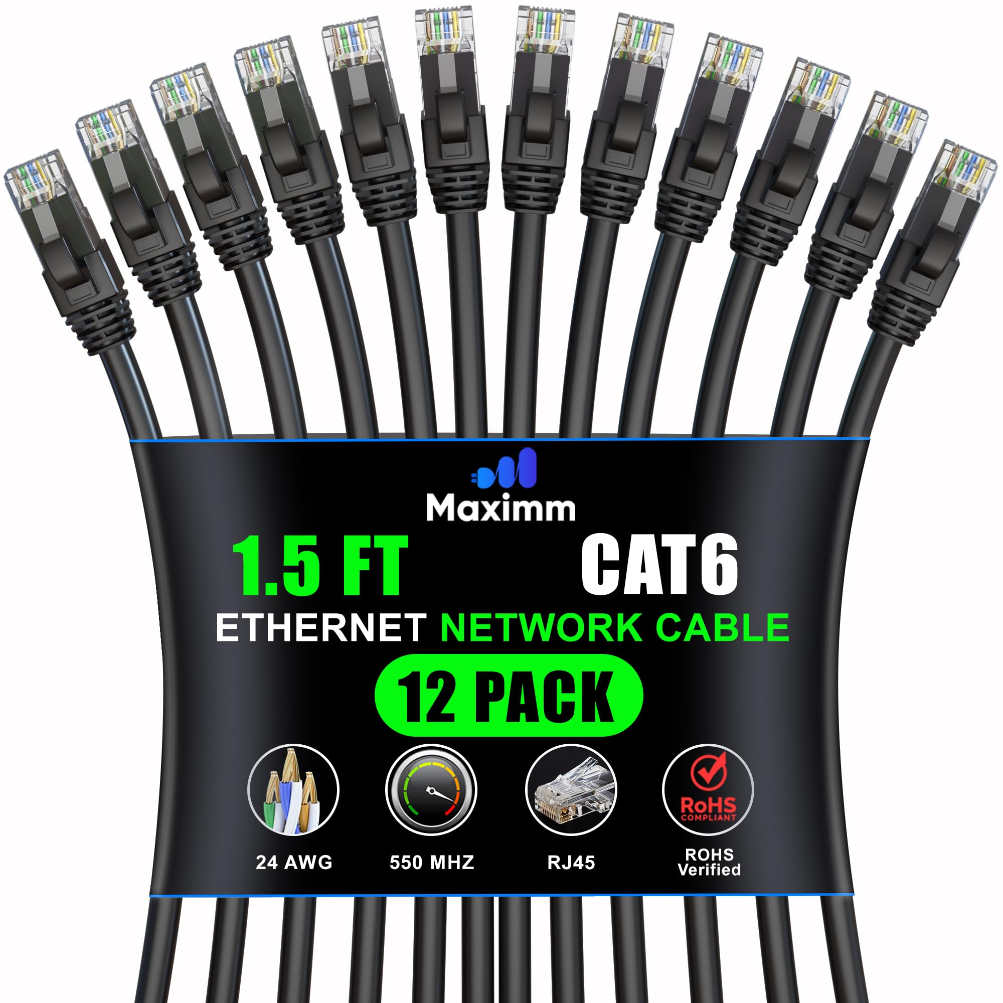 Maximm Cat 6 Ethernet Cable 1.5 Ft (12 Pack)   High Speed Lan Cable, Internet Cable, Patch Cable, And Network Cable   Utp, 10Gbps, 550Mhz Ethernet Cord   Black