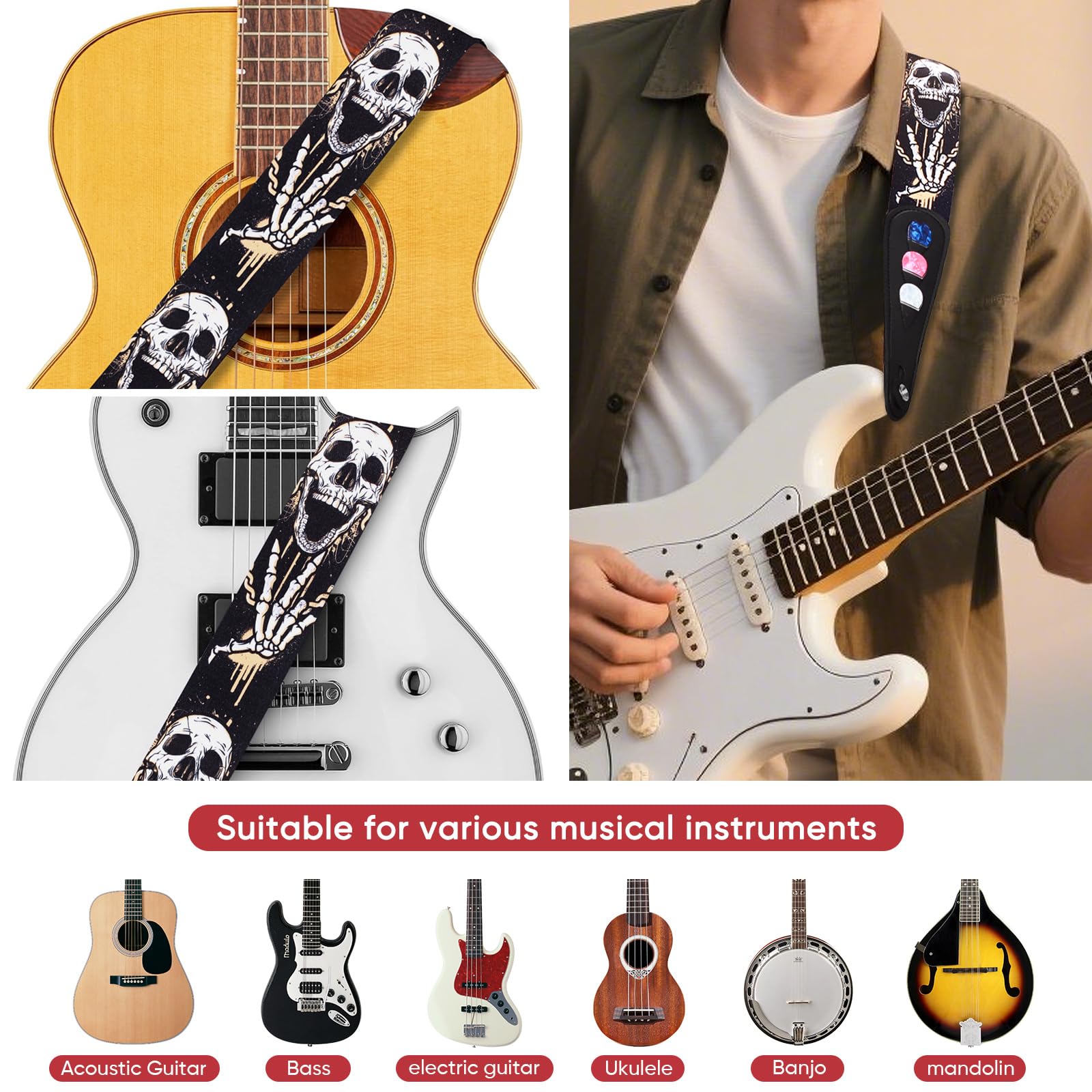 Aarvi Guitar Strap Set For Bass/Electric/Acoustic Guitars - 41-67 Cotton With Leather Ends, 2 Strap Locks + 4 Picks Included, Du