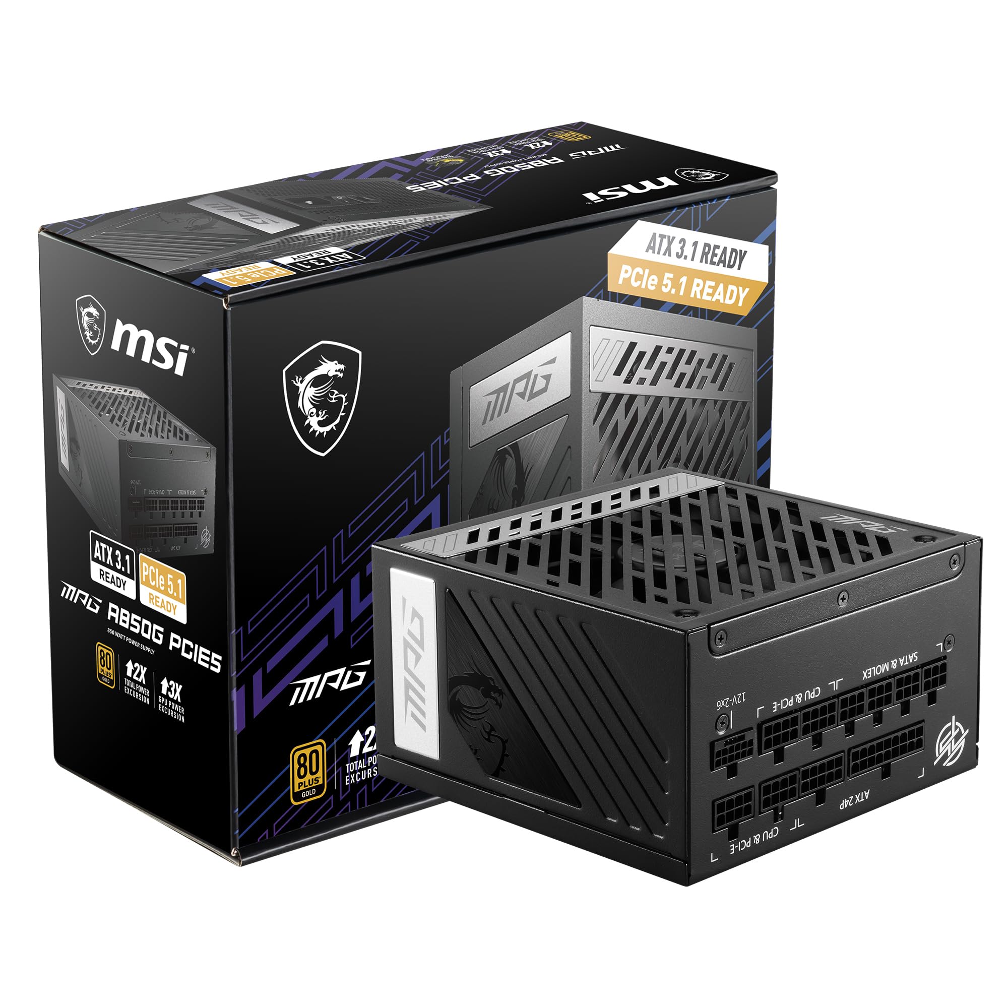 MSI MPG A850G PCIE 5.1 & ATX 3.1 Gaming Power Supply - Full Modular - 80 Plus Gold Certified 850W - 100% Japanese 105C Capacitor