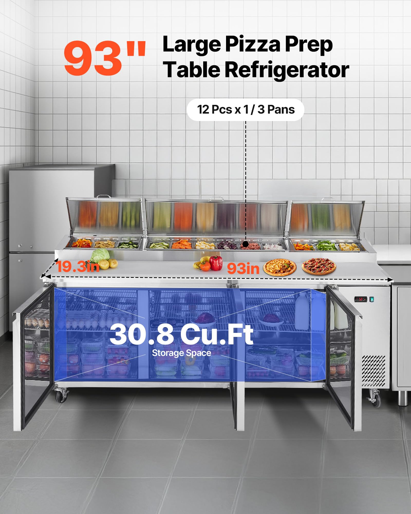 Vevor 93W Commercial Refrigerator, Pizza Prep Refrigerated Table, 19.3 Ultra Wide Countertop Food Prep Cooler, 30.8 Cu.Ft Single
