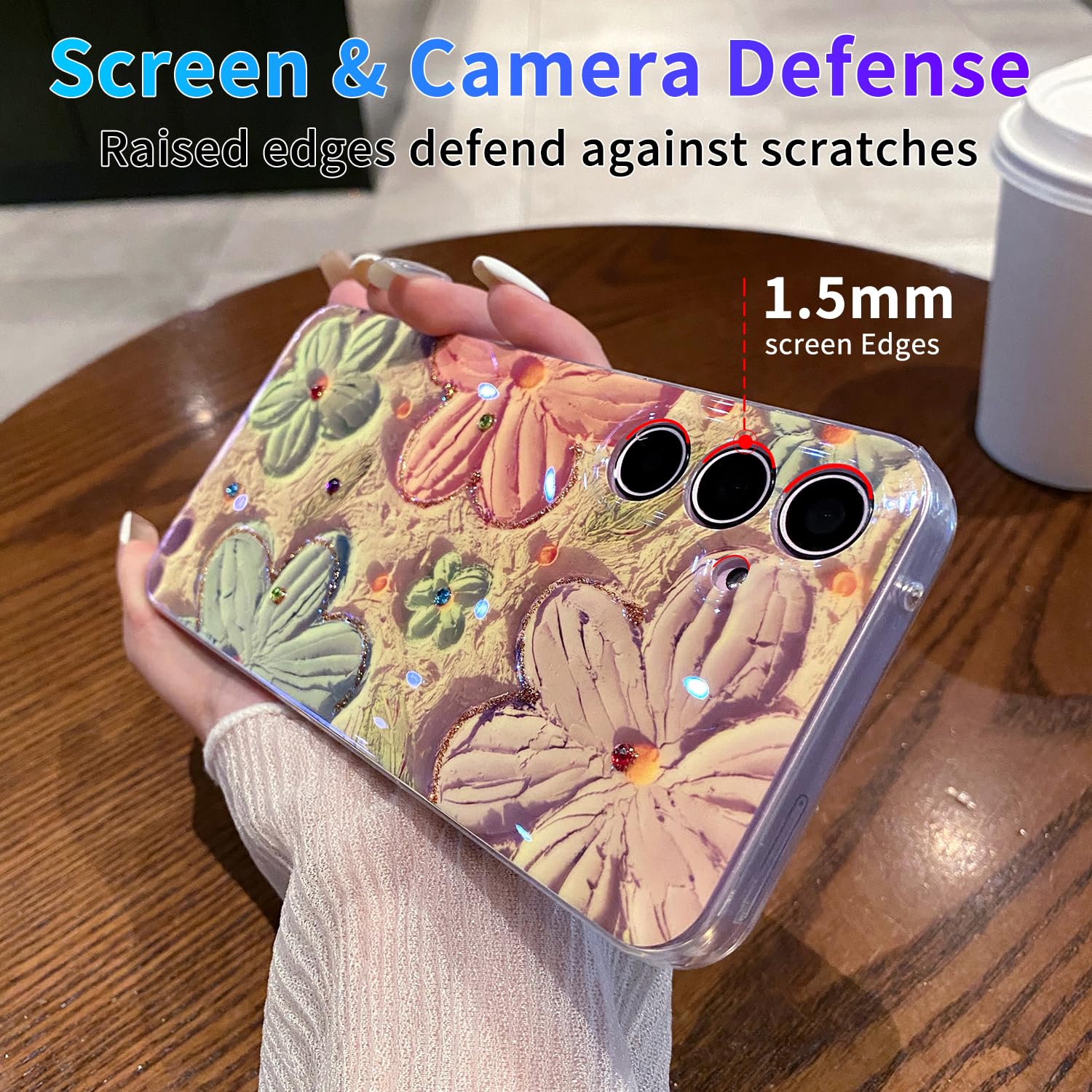 Leleyun Case For Samsung Galaxy S24, Colorful Retro Oil Painting Printed Flower Cute Pattern With Glitter Gem Phone Cover Durabl